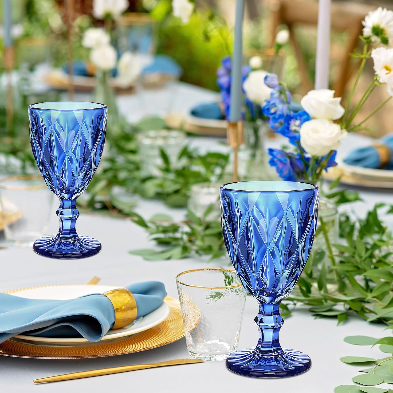Yinder Glass Goblet Vintage Wine Goblet Embossed Glassware 10 oz Solid Color Glass Stemmed Cups for Iced Tea Beverage Soda Juice Water Liquor and Party Wedding Bars Restaurants (Blue,12 Pack)