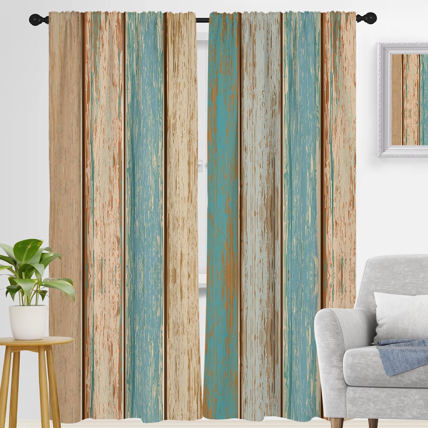 zokyer Teal and Brown Window Curtain Auqu Turquoise Green Wood Barn Door Cabin Farmhouse Country Western 42" W x 63" L for Living Room Bedroom Bathroom Set of 2 Panels Rod Pocket Drapes