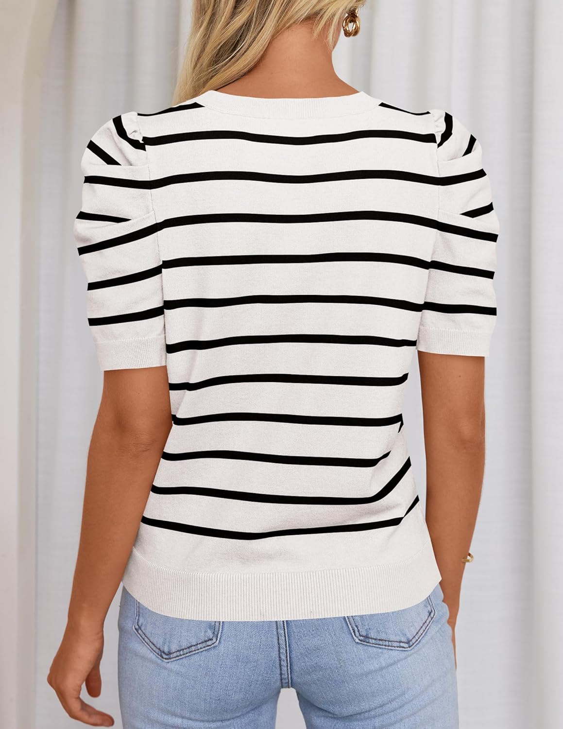 HAEOF Women's Striped Puff Short Sleeve Spring Tops 2026 Summer T Shirts Lightweight Sweater Dressy Casual Cute Work Blouses - Image 4