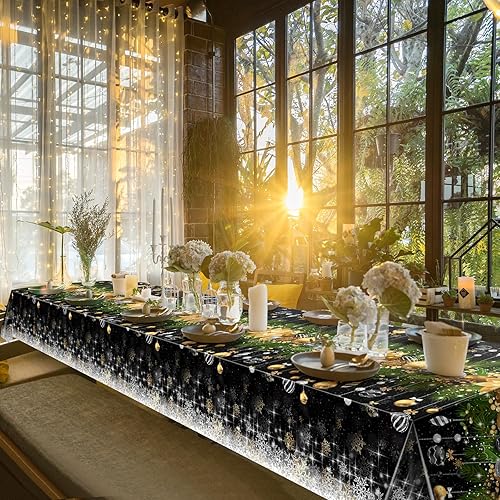 Miniatura 7 de Mantel de plástico con diseño de árbol de Navidad, 3 piezas, mantel rectangular de invierno con copos de nieve para Navidad, vacaciones, Año Nuevo,