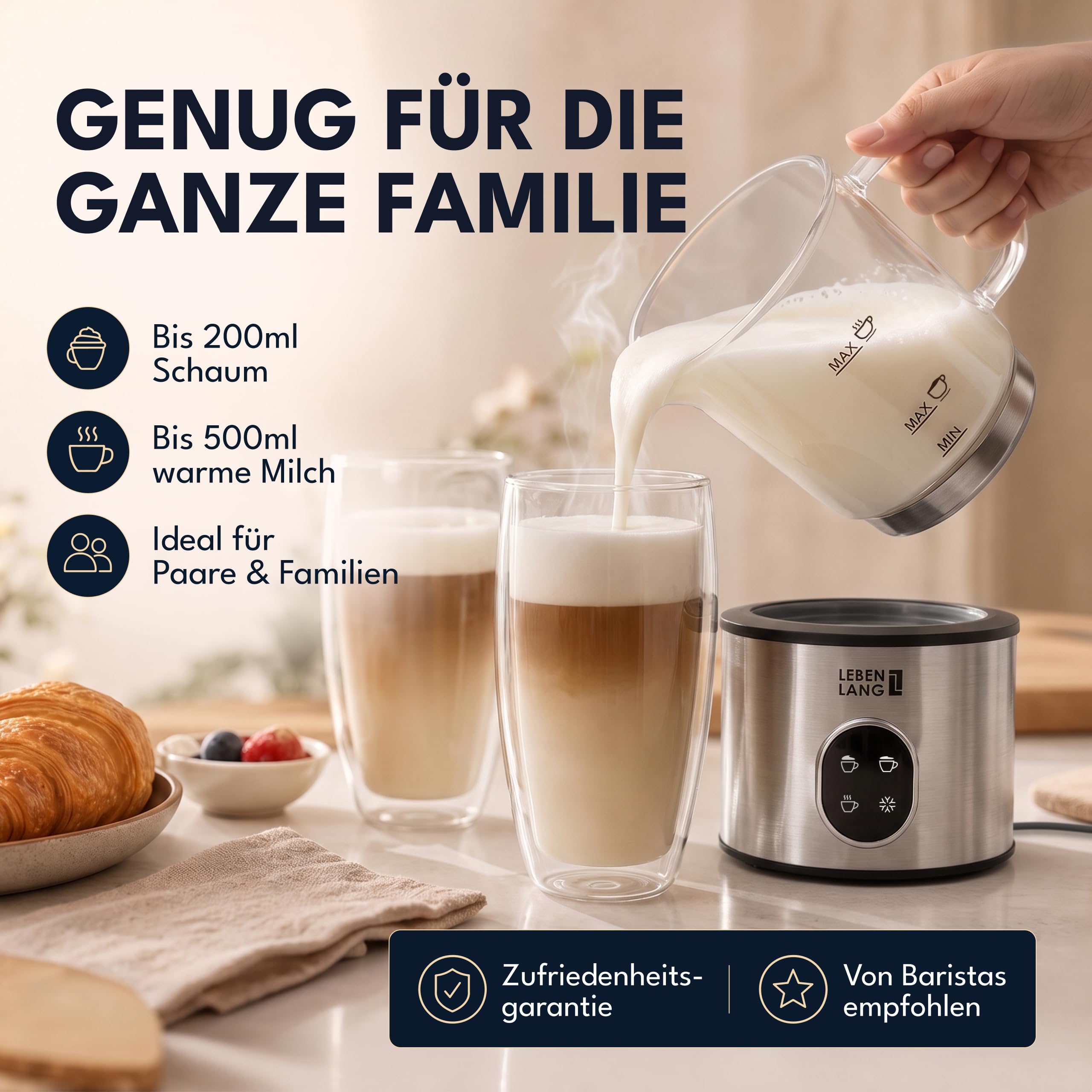 LEBENLANG Milchaufschäumer Glas - 100% BPA-Frei, XXL 500ml & 600W I Abnehmbarer Behälter Spülmaschinenfest Inkl. 2x Ersatzschäumer I Elektrischer Milchaufschäumer elektrisch Milchschäumer elektrisch