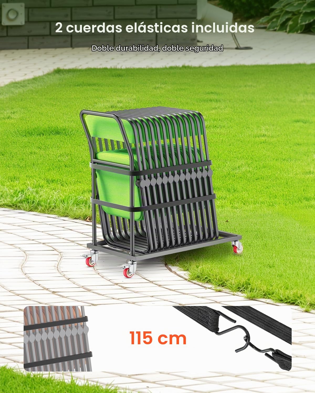 VEVOR Estante para Sillas Plegable, Capacidad de 136 kg, Carrito de Colocación Vertical en Forma de L para 25 Sillas, Carrito de Almacenamiento de Metal Resistente con Ruedas de Goma, Negro Mate