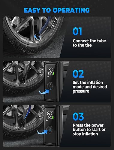 Miniatura 7 de Inflador de neumáticos, compresor de aire portátil, inflador de neumáticos inalámbrico de 150 PSI, apagado automático y luz LED, bomba de bicicleta