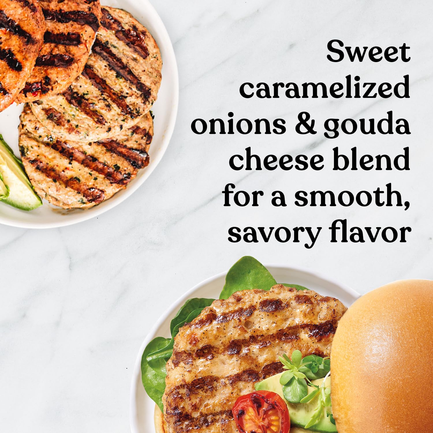 Amylu Foods Caramelized Onion Gouda Chicken Burger Natural Ingredients 18g of Protein Chicken Raised with No Antibiotics Fully — view 5