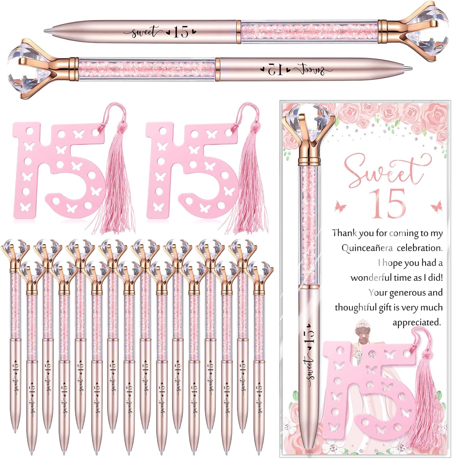 Sayglossy 120 Pcs Quinceanera Party Favors Sweet 15th Thank You Gifts Diamond Pens with Cards Bookmarks Retractable Ballpoint Bling Pens Recuerdos Para 15 Anos Quinceaneras Gifts for Guests(Rose Gold)