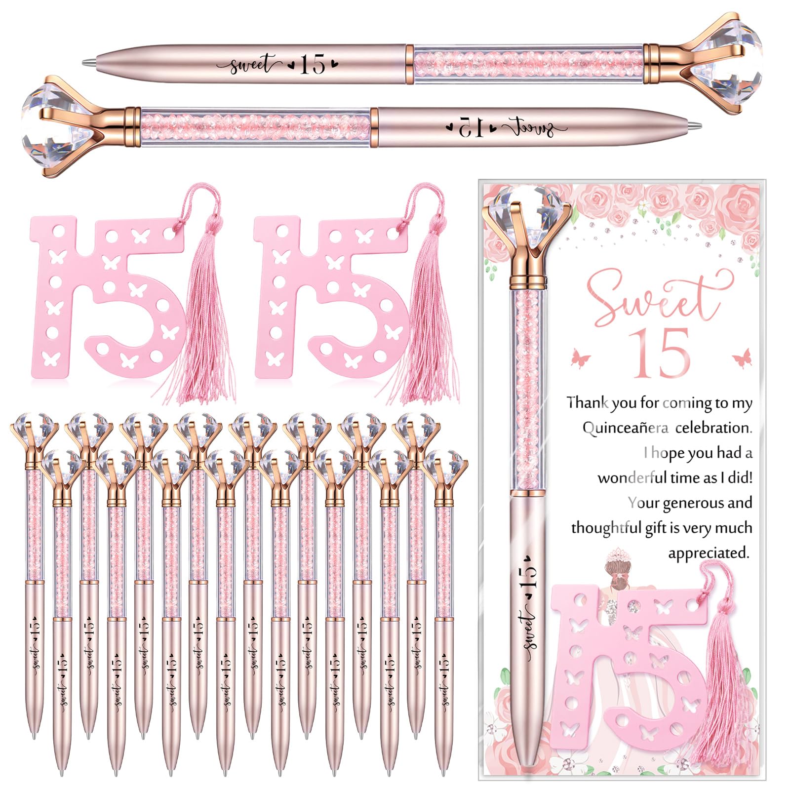 Sayglossy 120 Pcs Quinceanera Party Favors Sweet 15th Thank You Gifts Diamond Pens with Cards Bookmarks Retractable Ballpoint Bling Pens Recuerdos Para 15 Anos Quinceaneras Gifts for Guests(Rose Gold)