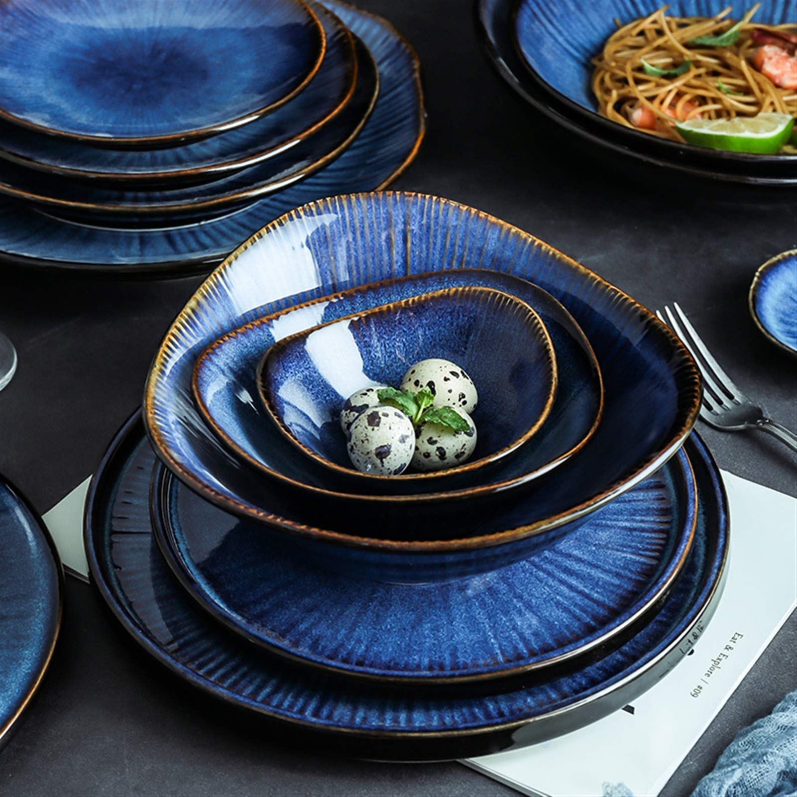 Liudan Speiseteller Nordic Glaze Blaue Farbe Keramik Geschirr Home Flache Platte Tiefe Steak Dish Frühstück Abendteller Großer Schleife Essteller (Color : N)
