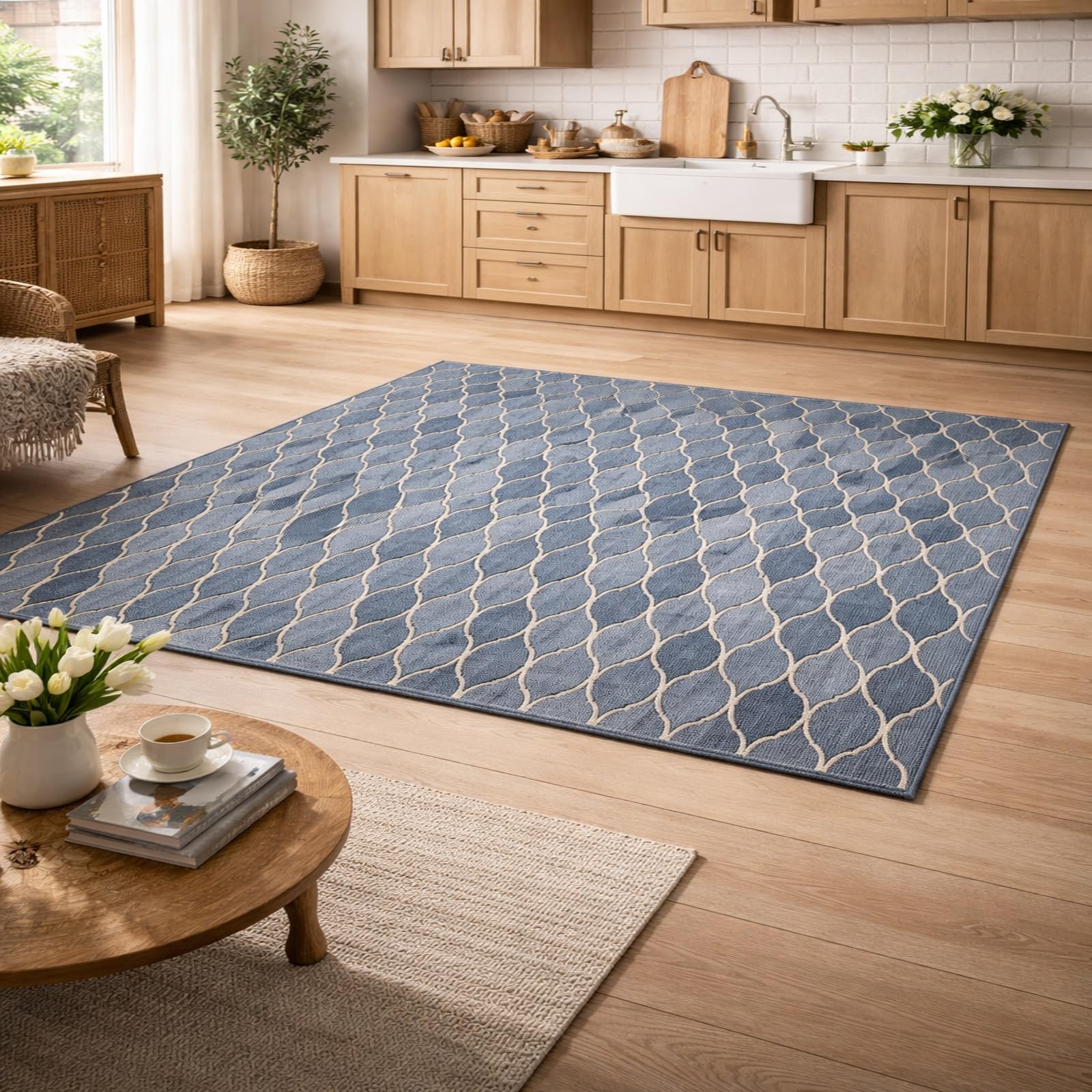 Tapis géométrique moderne bleu blanc 155x200 cm pour habiller le sol du salon