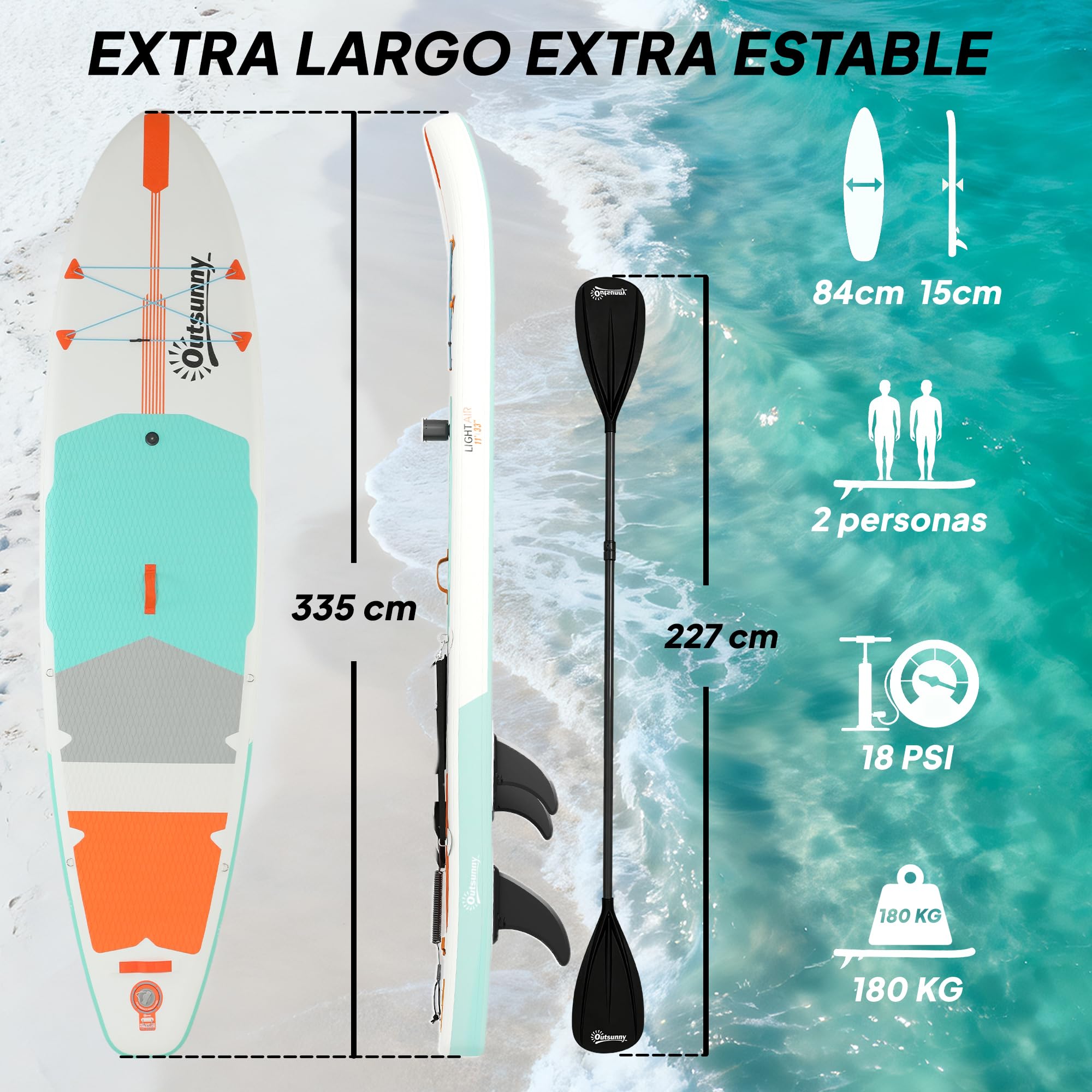 Outsunny Tabla Paddle Surf Hinchable con Accesorios 335 cm, Remo Convertible, Asiento, Aletas, Stand Up Paddle Board con Superficie EVA Antideslizante, Bomba, Mochila, Funda, Carga 180 kg para Adultos