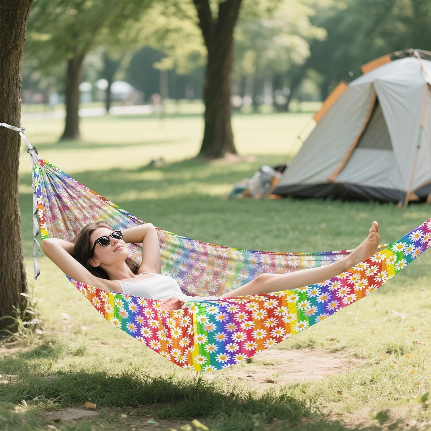 ALAZA Daisy Flower Rainbow Stripes Camping Hammocks Single or 2 Person 500 lbs Portable Parachute Travel Hammock w/Tree Straps for Hiking Backpacking Indoor Outdoor