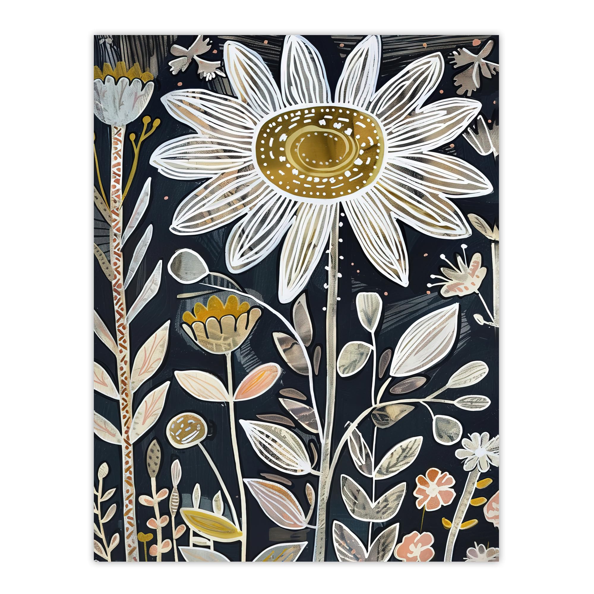 Artery8 Daisy Flower Artwork Folk Art Print - Black - W18" x H24"