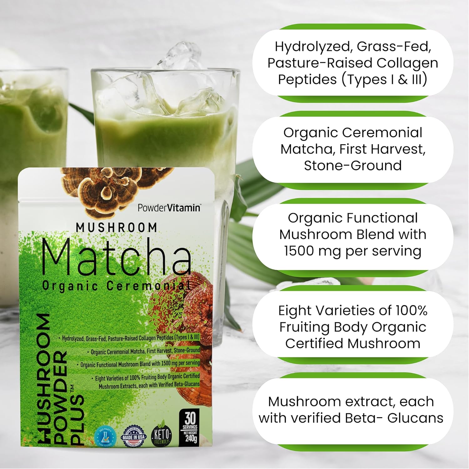 PowderVitamin Organic Ceremonial Mushroom Matcha Certified Pesticide-Free Grass-Fed Collagen Types I & III 8 Fruiting Body Mushrooms Tested for Beta-Glucans Focus Digestion & Immunity 30 Servings