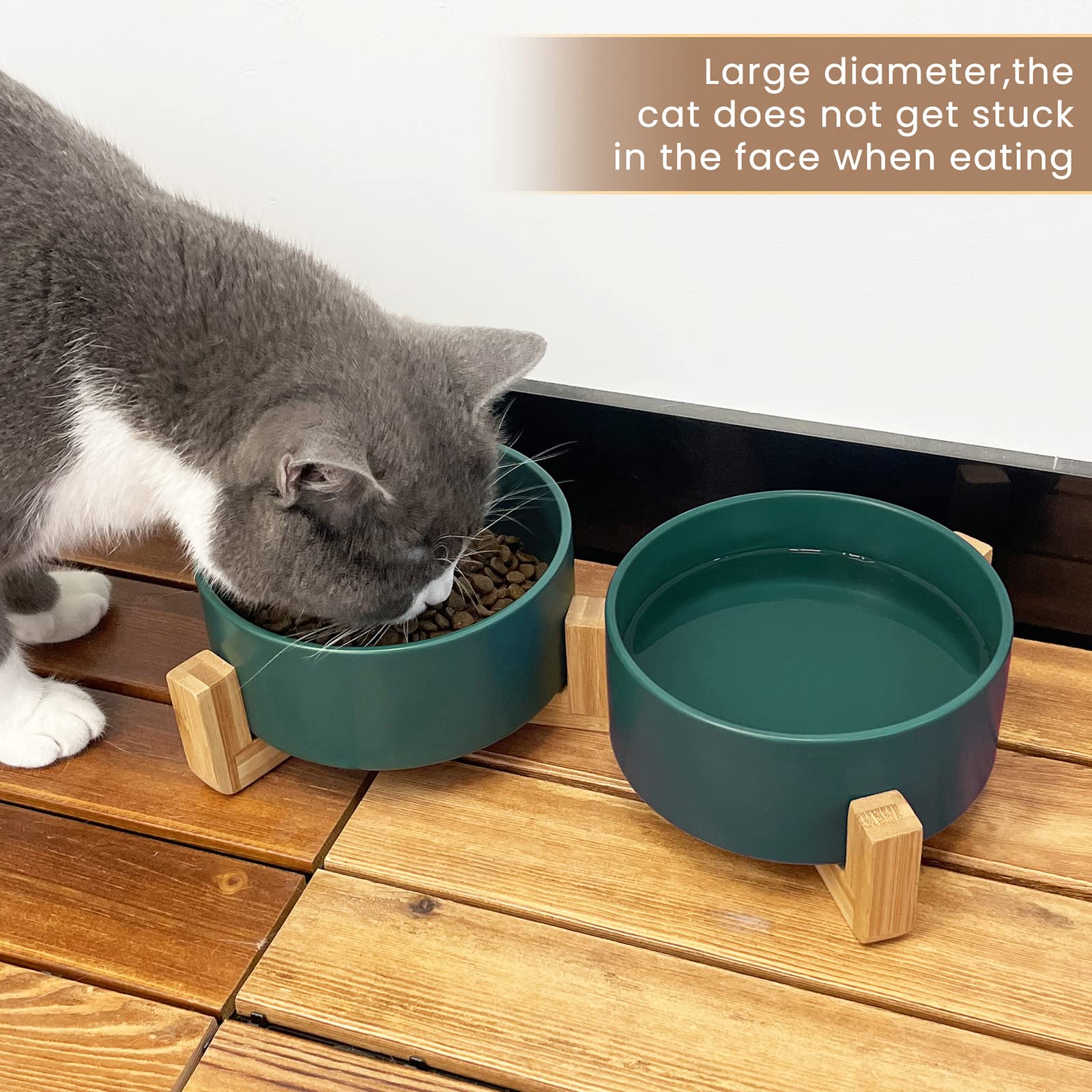 KPWACD Keramik Haustier Schalen für Hund und Katze, Erhöhtes Hundefutter und Wassernapf Set mit Anti-Rutsch-Holzständer, Haustiere Futternäpfe Geeignet für kleine, Grün, 800 ml