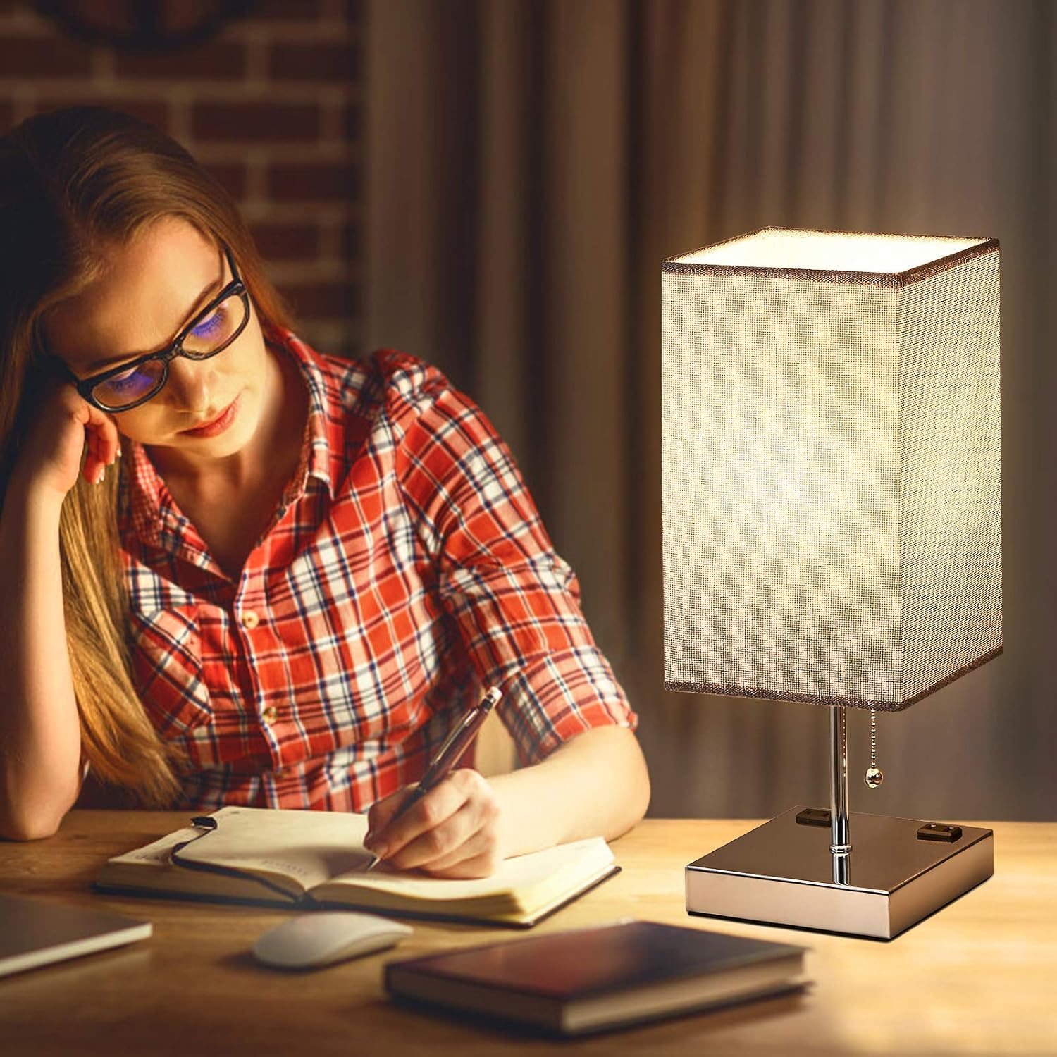 Small Table Lamp for Bedroom, Bedside Lamp with 2-Prong AC Outlets, Minimalist Square Nightstand Lamp with Gray Fabric Lampshade, Grey Bedroom lamp Desk Light for Living Room Home Reading and Office