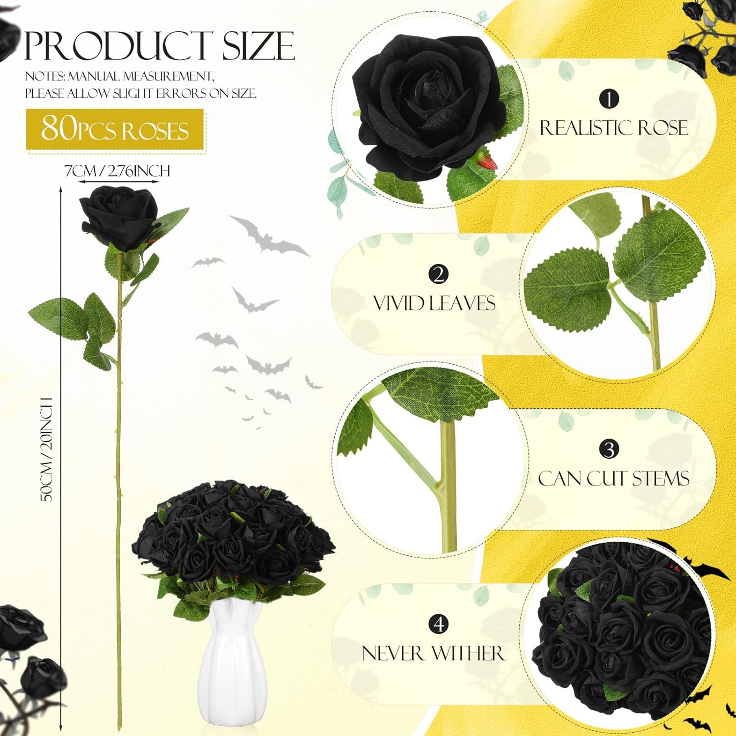 Hotop 80 Pcs Rose Artificial Flowers Bulk with Long Stem, Silk Roses Realistic Fake Flowers Bouquet for Wedding Table Centerpieces Bridal Shower Party Home Decorations(Black) - Image 2