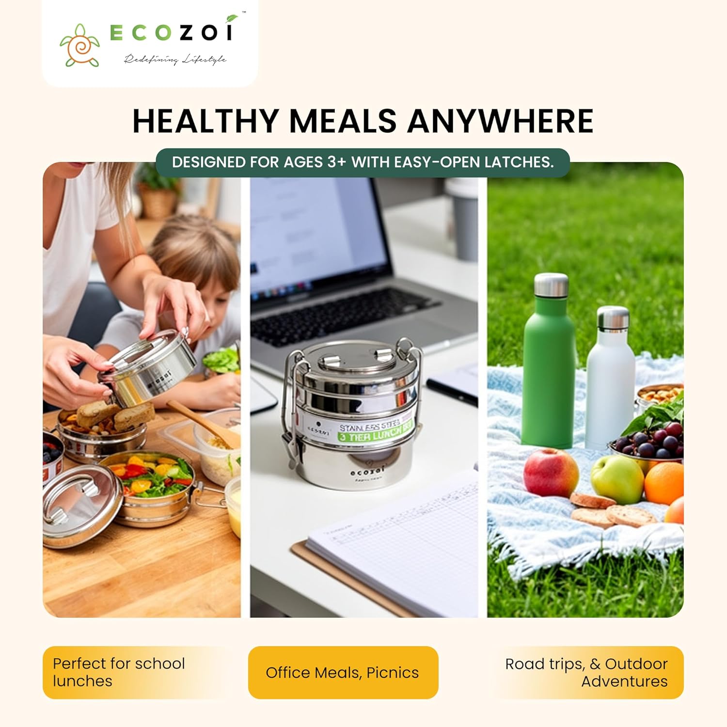 ecozoi Stainless Steel Bento Box, 3-Tier Stackable Lunch Box with Bonus Spork, Spoon and Fork, Eco Friendly Tiffin Lunch Box, Plastic Free BPA Free Lunch Container (42 oz)