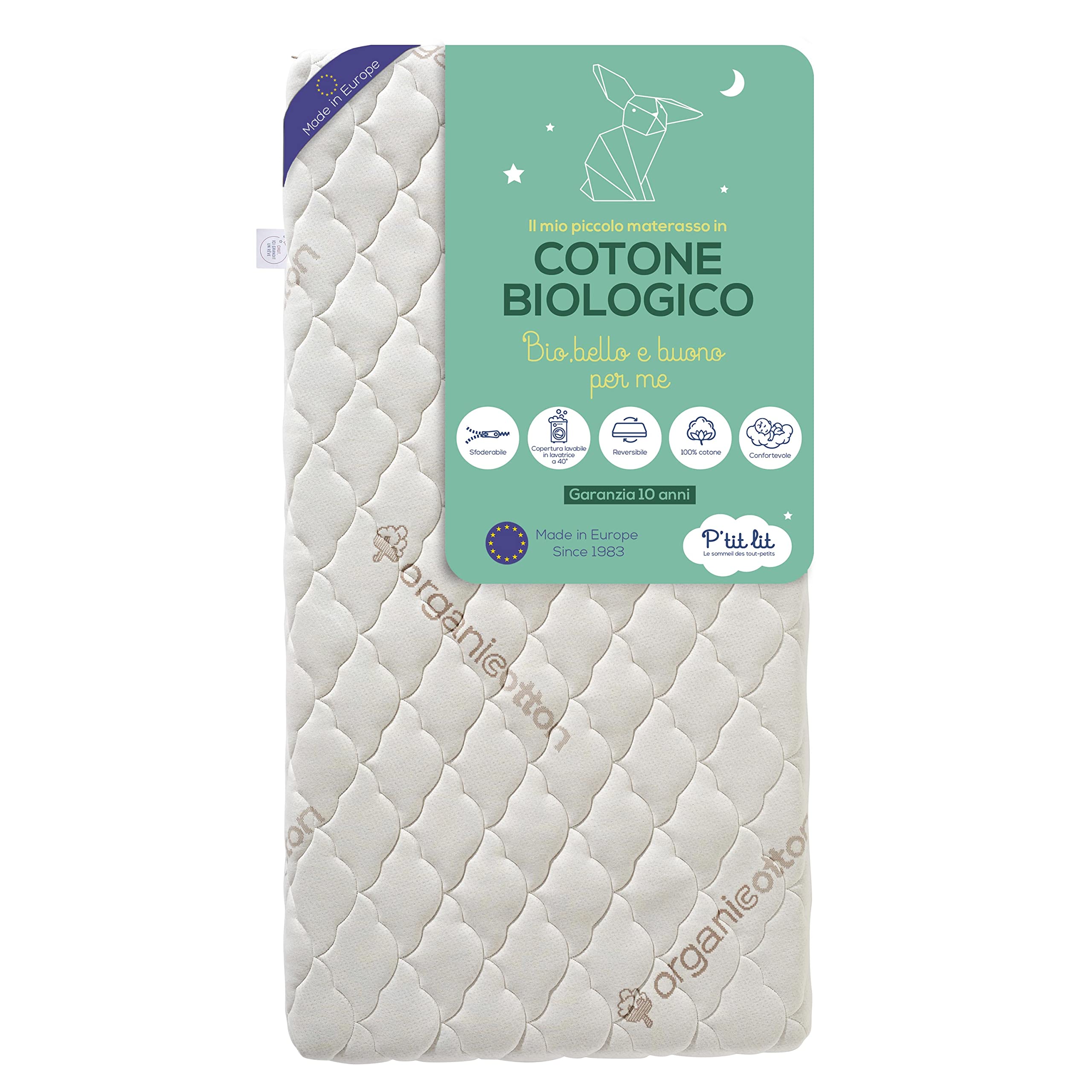 P'tit Lit - Materasso Lettino Cotone Biologico | 60x120 cm | 100% Cotone: Materia naturale di origine vegetale | Senza trattamento chimico | Sfoderabile | OekoTex® | Fabbricazione europea