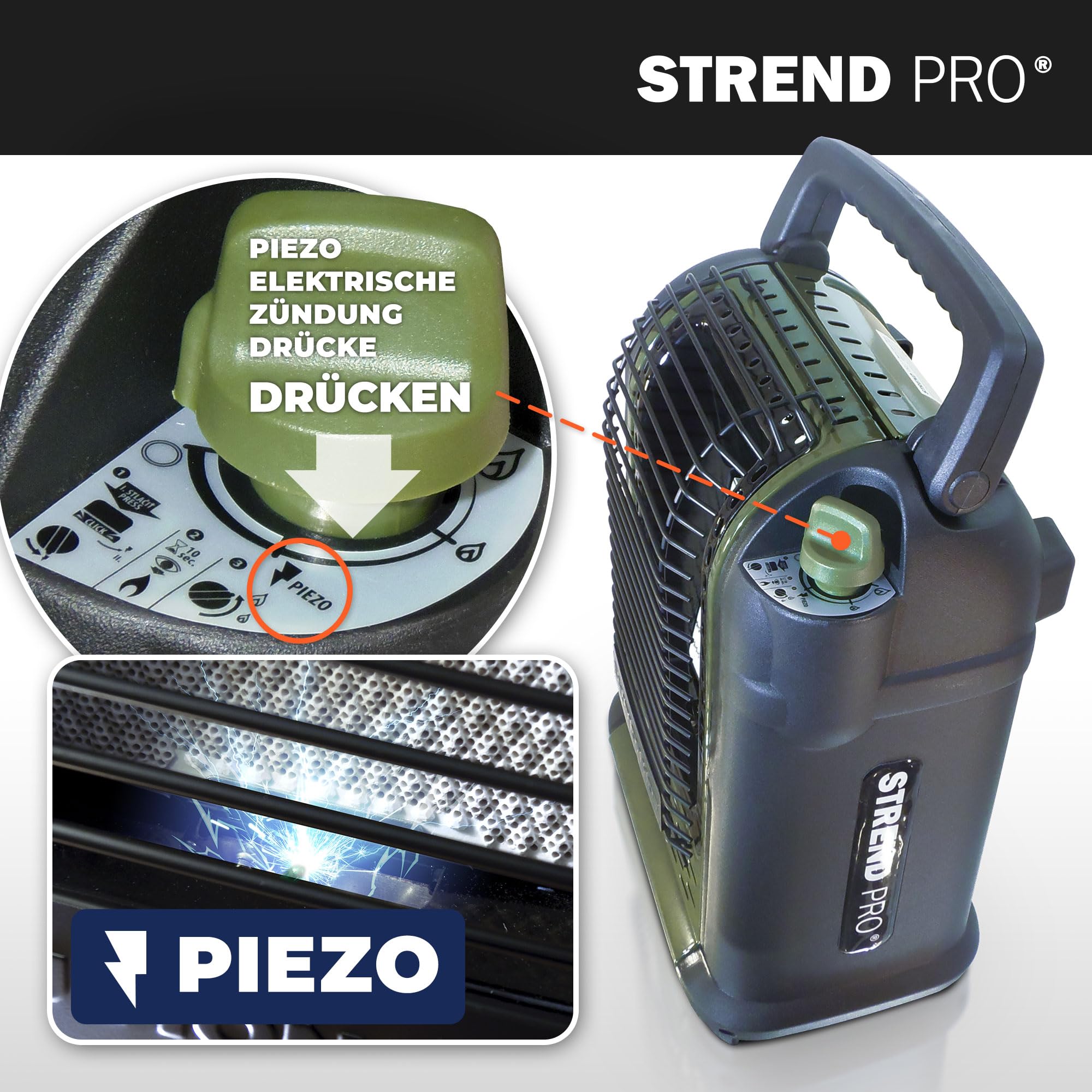 STREND PRO Zeltheizung Gas 2kW | mit 1 Campinggaskartuschen | Tragbare Campinggasheizung für Innenräume, Zelt, Camping, Angeln, Jagen, Mini Gasheizung mit Sauerstoffsensor | Mobiler
