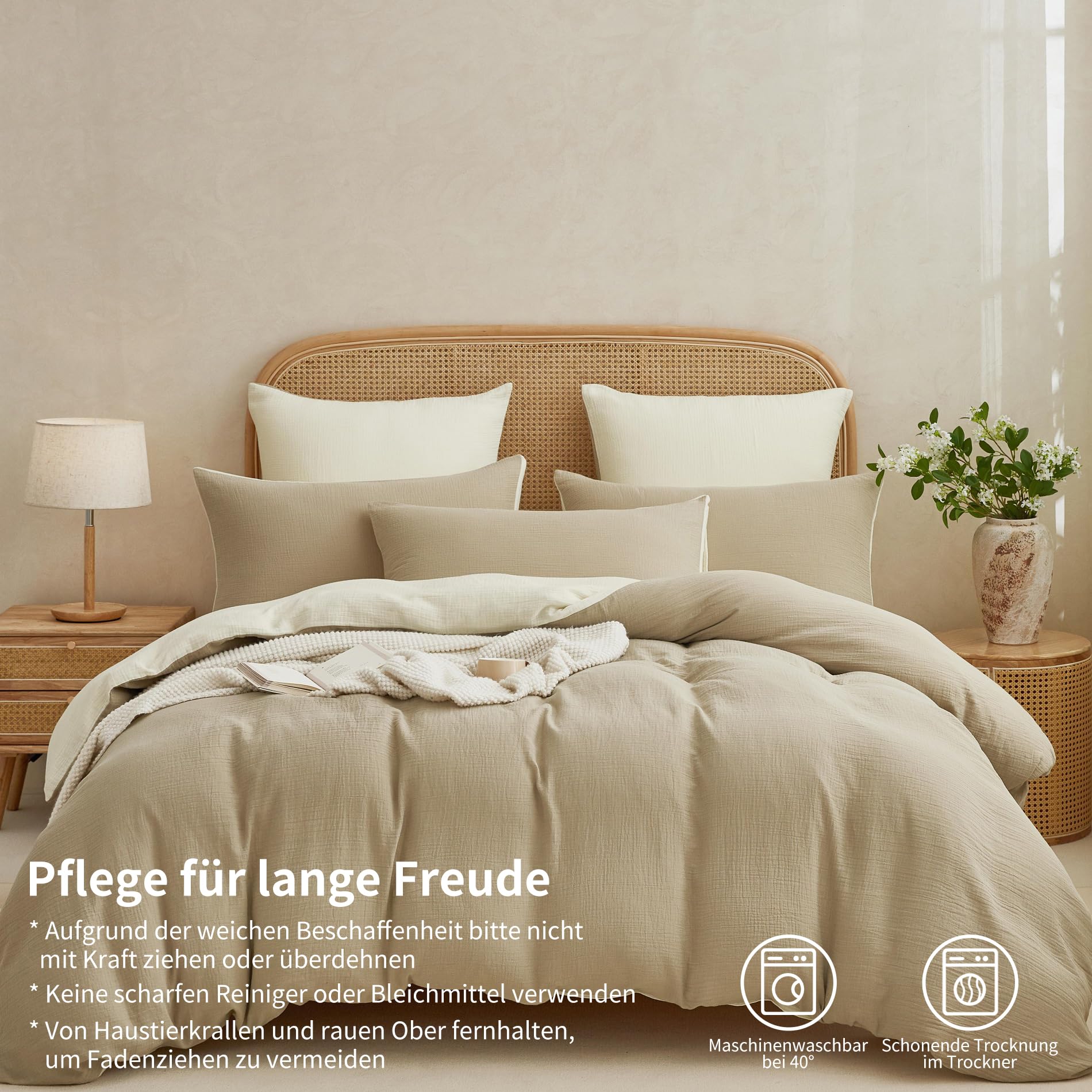 Juego de ropa de cama doble de muselina 135x200, color caqui y beige claro, 100% algodón, muselina, ropa de cama suave, transpirable, acogedora, juego de edredón de 2 piezas con cremallera y