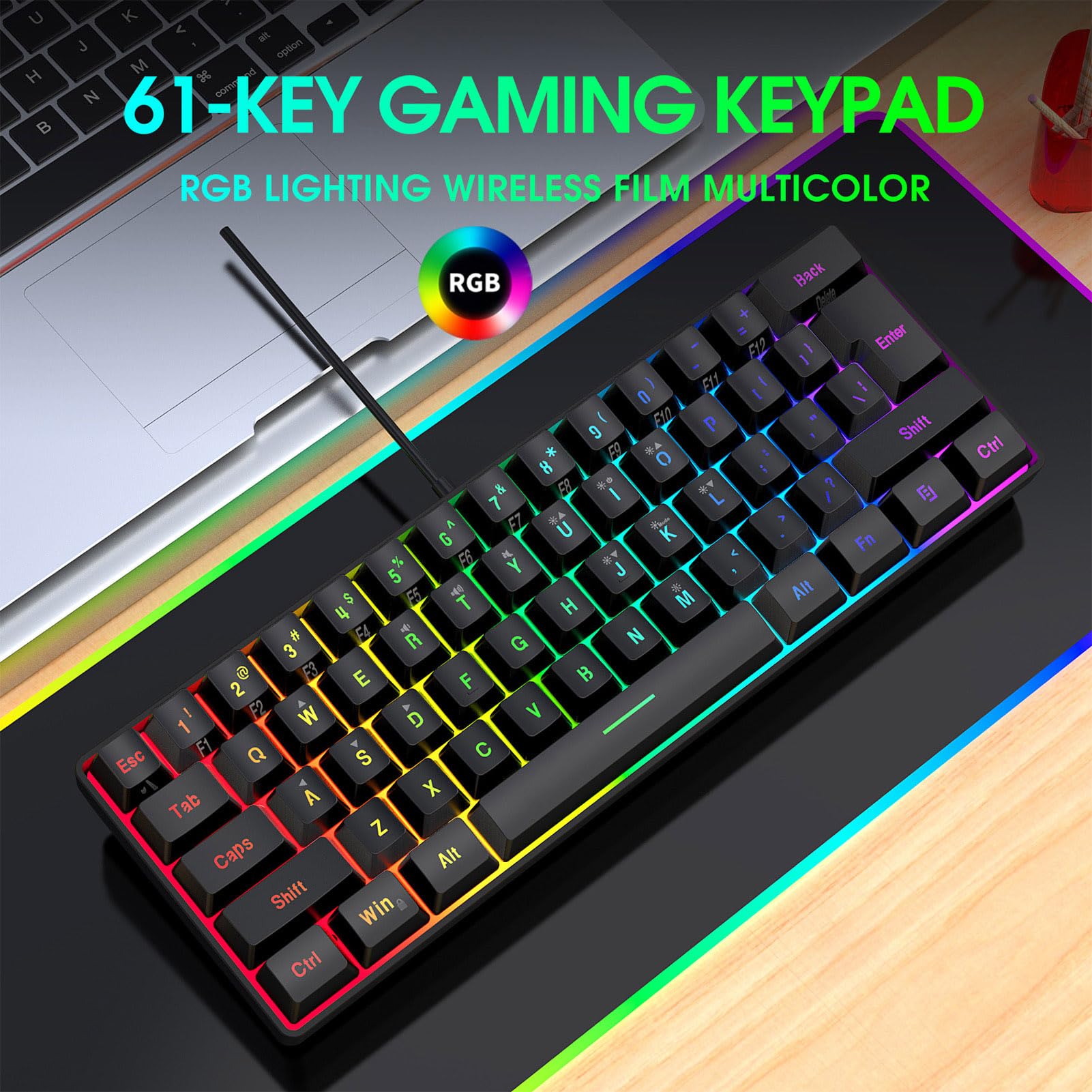 Set Tastiera e Mouse da Gioco Cablati, Retroilluminazione RGB, Tastiera Meccanica a 61 Tasti con Tappetino per Mouse, Accessori da Gioco per PC (Black)