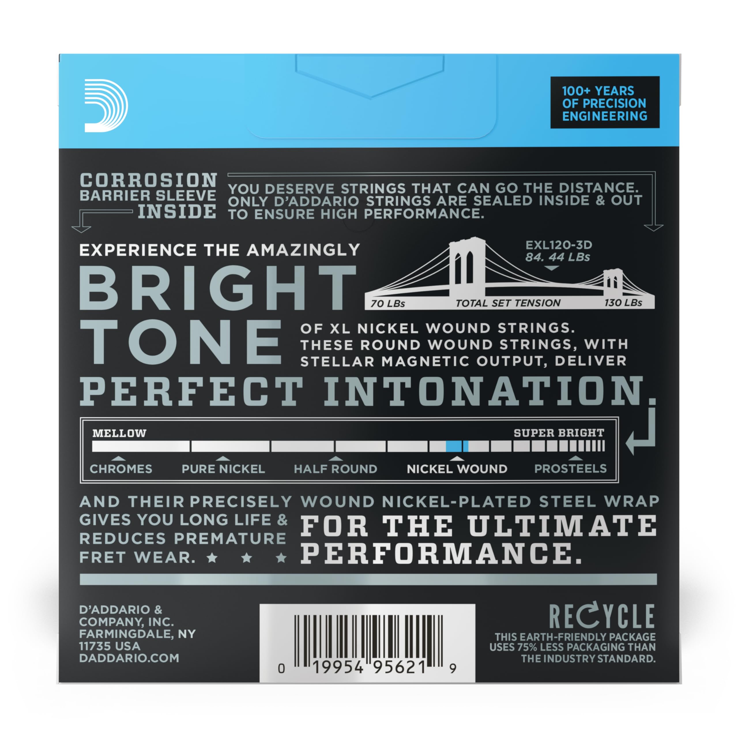 D'Addario XL Nickel EXL120-5P Cuerdas Guitarra 09-42, 5 Juegos | Cuerdas XL Nickel para guitarra eléctrica con tono brillante, entonación precisa, gran durabilidad y tacto uniforme.