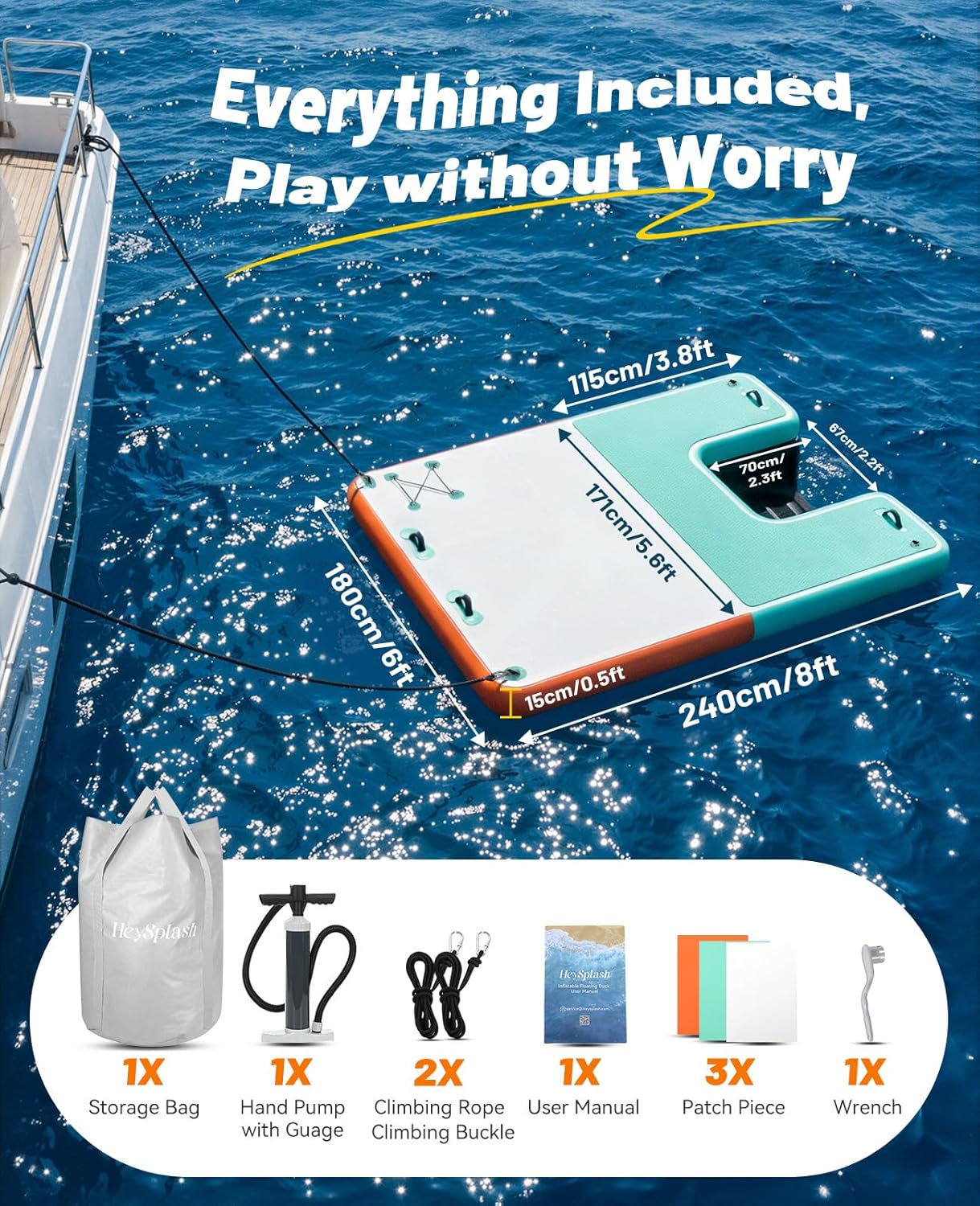 HeySplash Inflatable Floating Dock, 8×6ft Floating Docks with Anti-Slip Surface Water Access, Inflatable Dock Floating Docks for Lakes Pools Boats Oceans, Up to 4-6 People