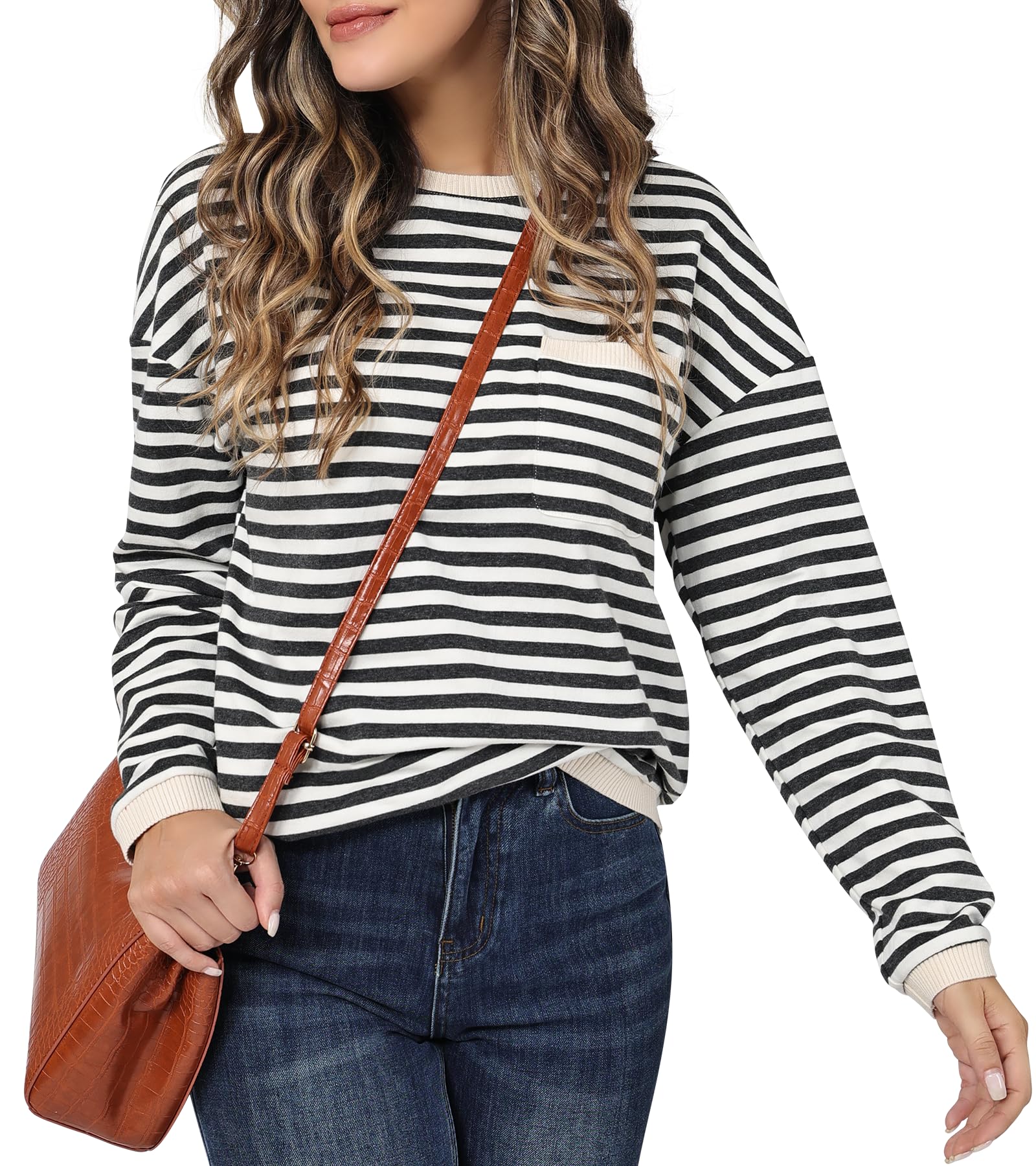 Fall Long Sleeve Sweater 2025 Crew Neck Color-Block Striped Hoodie Knit Pullover Sweatshirt Dark gray white stripes S