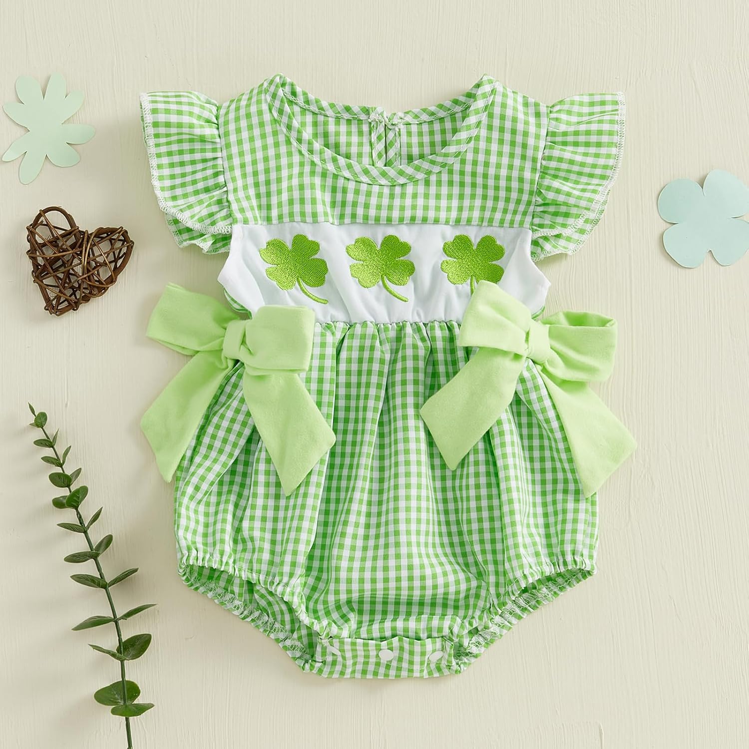 St Patricks Day Baby Girl Outfit Newborn Smocked Bubble Romper Clover Embroidery Plaid Bodysuit Cute Summer Clothes - Image 2