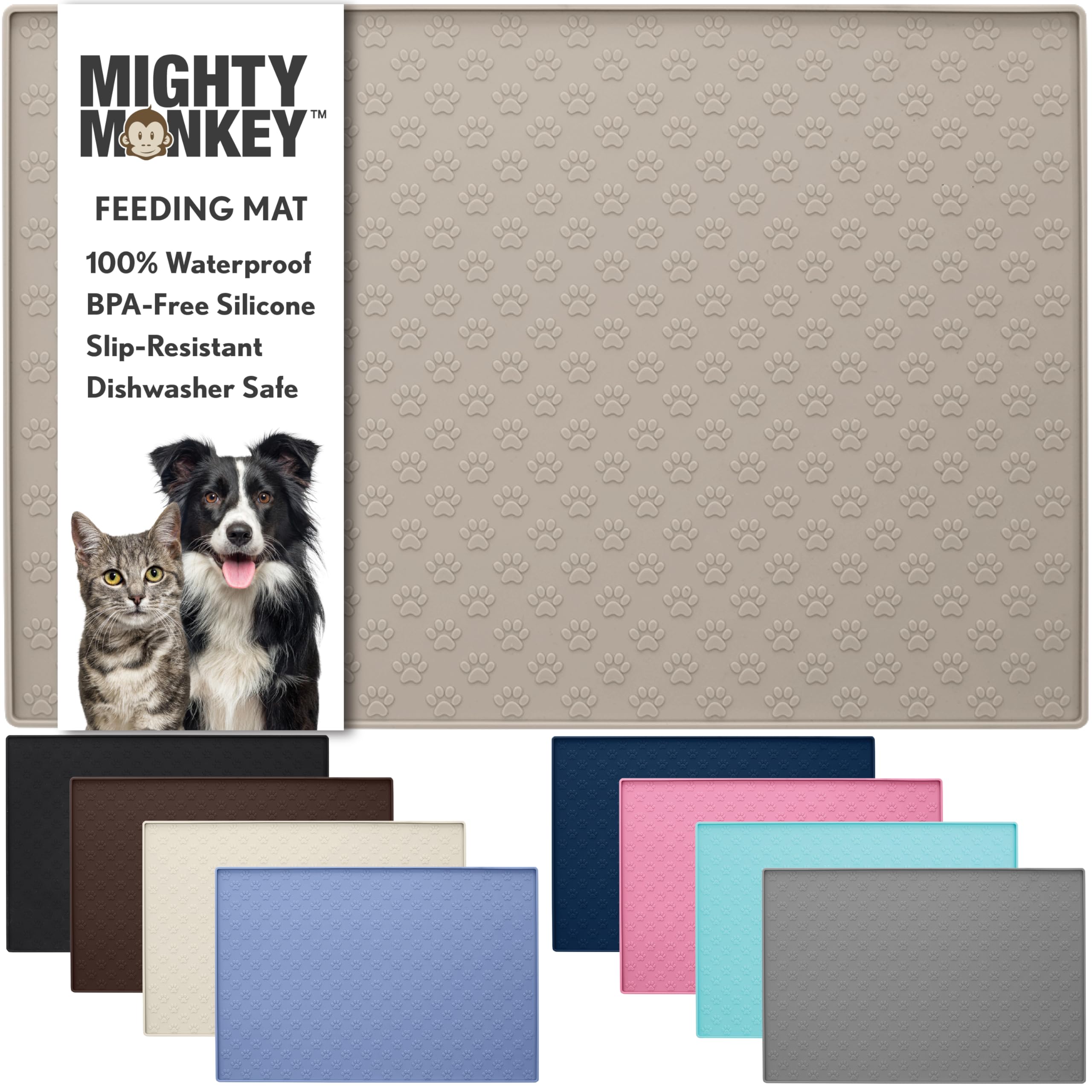 MIGHTY MONKEY Premium Silicone Pet Feeding Mat, 18x12 Inch, Waterproof Pets Placemat, Paw Print Patterned Food Tray Mats, Pad Perfect for Dishwasher, Prevent Food and Water Bowl Spills, Beige