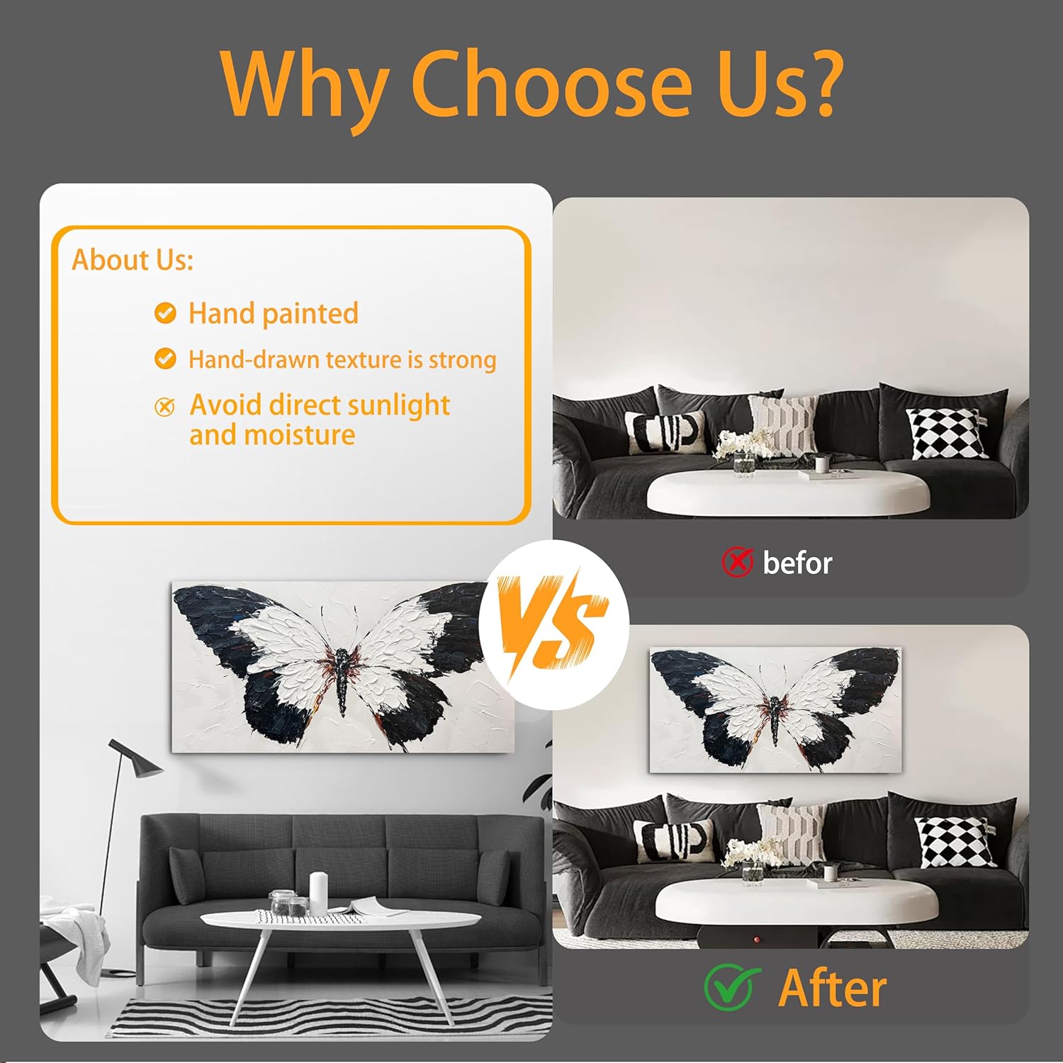 Tarfupth Black and White Butterfly Wall Art for Living Room Hand Painted Butterfly Oil Painting Texture Pictures Large Artwork for Bedroom Office Kitchen Room Aesthetic Decoration 20"x40"