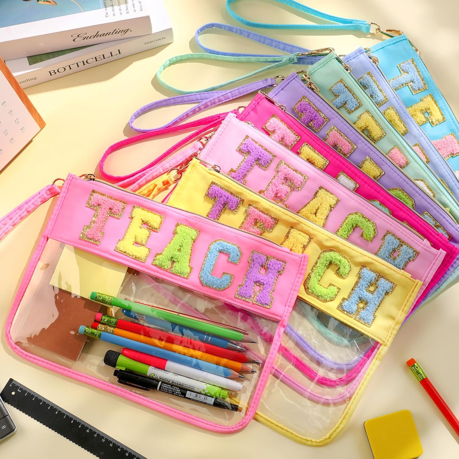 Abbylike 12 Pcs Snack Bags Clear Chenille Letter Teach Zipper Pouch Waterproof PVC Large Travel Makeup Cosmetic Storage Organizer Bag for Mom Team Cheerleaders Teacher (Multicolor)