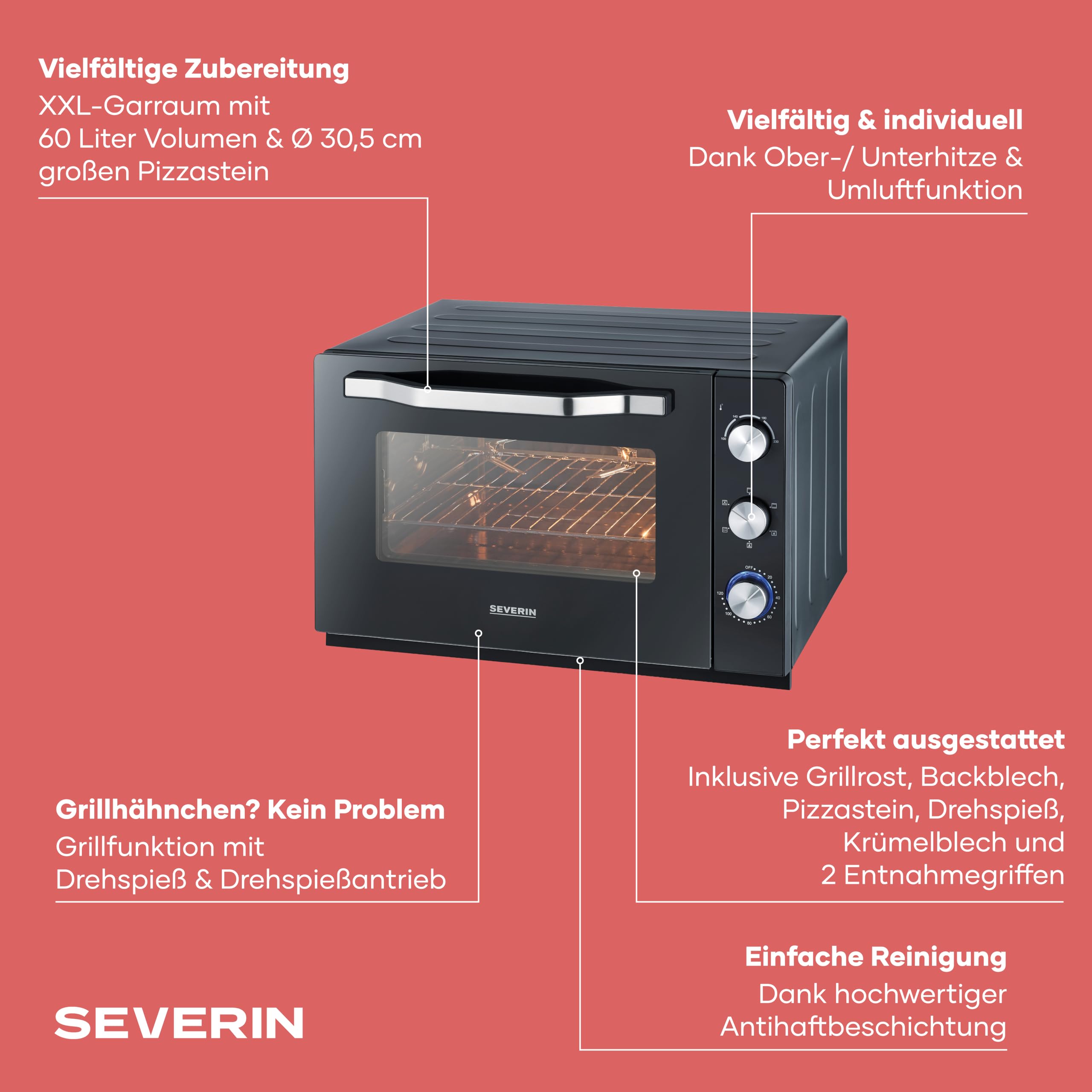 SEVERIN XXL Back- und Toastofen mit Umluftfunktion, inklusive Grillrost, Backblech, Drehspieß und Pizzastein, vielseitiger Heißluftofen mit 60 L Kapazität, 2.200 W, schwarz, TO 2073