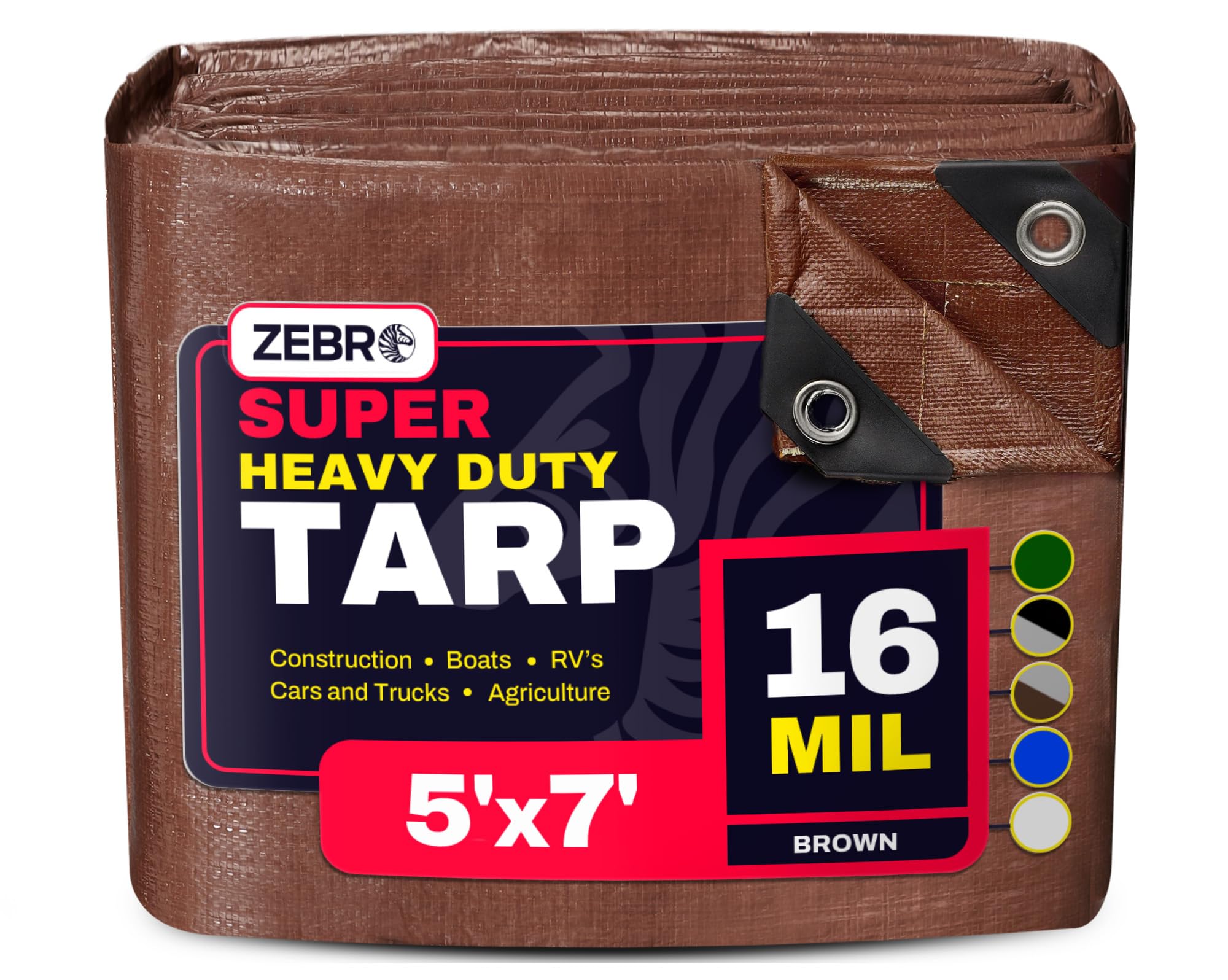 5' x 7' Brown Heavy Duty Tarp with Grommets Reinforced - 16 Mil Thick - Double Sided Plastic Tarps Waterproof - Large Tarpaulin Cover for Outdoor Camping Over/Under Tent Tarp RV Roof Rain - Zebro