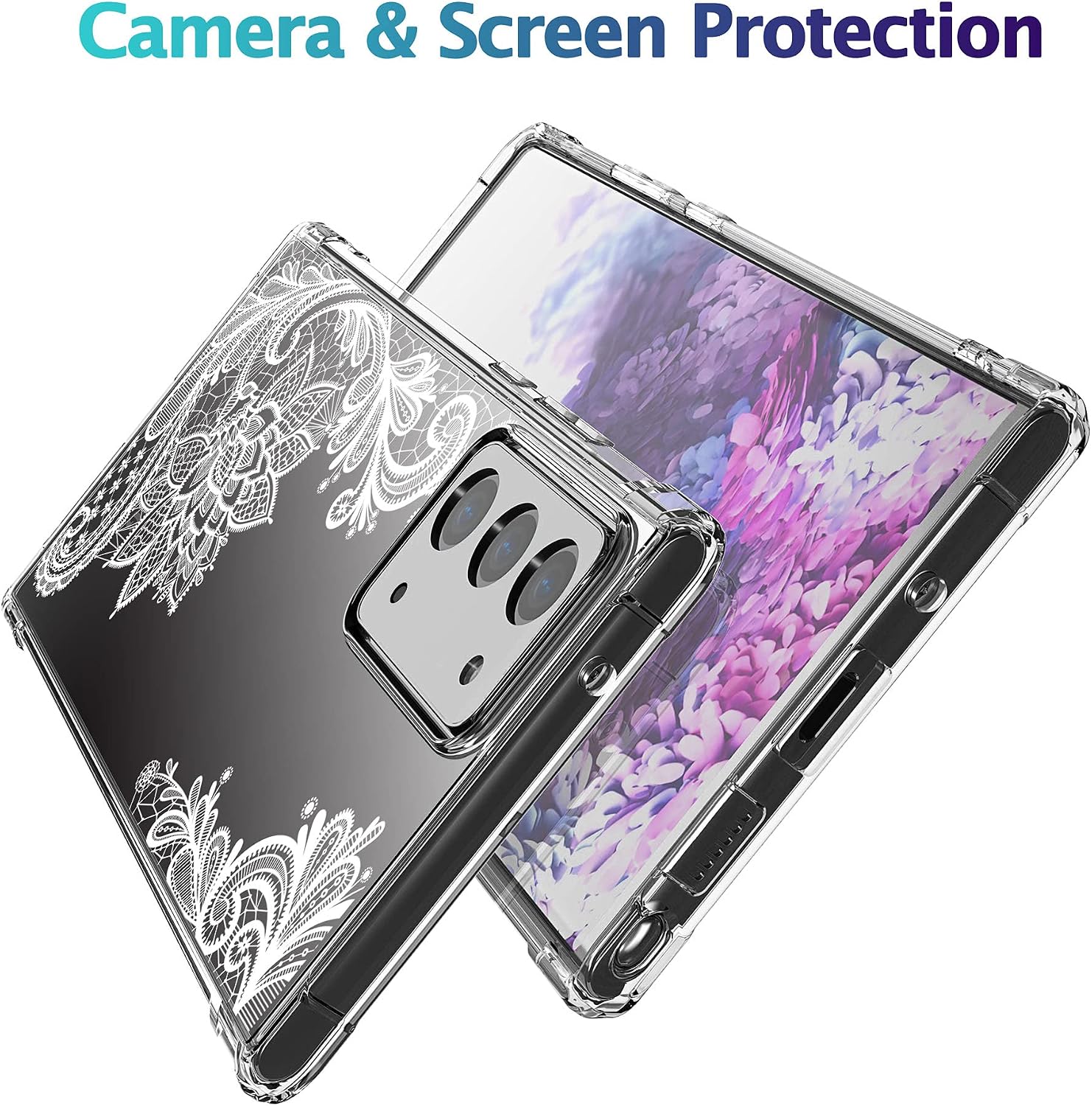 KIOMY Case for Samsung Galaxy Note 20 5G for Women Girls Clear with Cute White Lace Floral Design Shockproof Bumper Protective Cell Phone Back Cover Slim Fit Flexible Flower for Samsung Galaxy Note 20