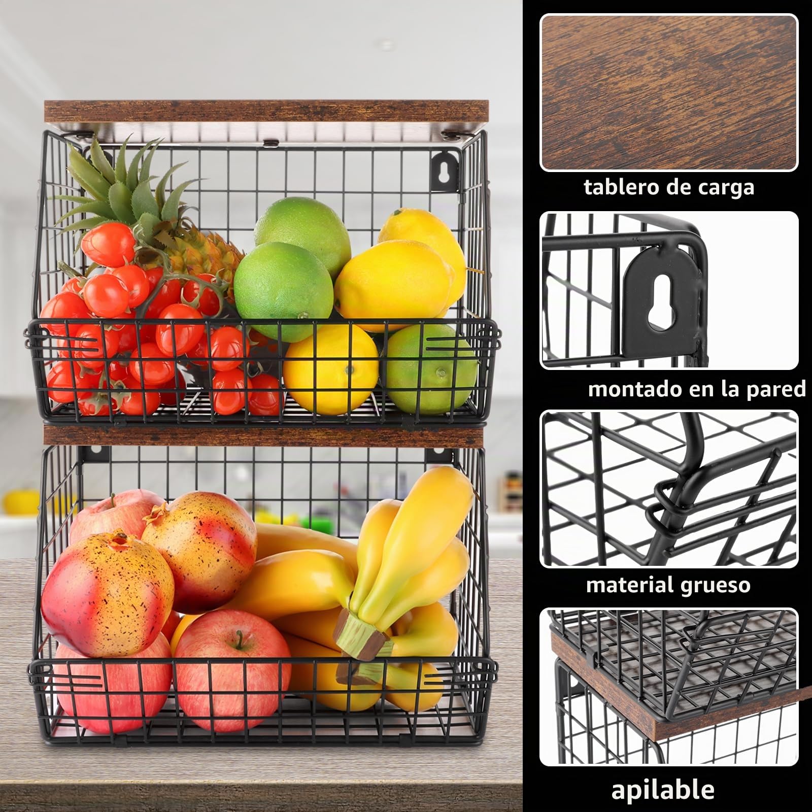 2 Unidades Fruteros de Cocina Frutero 2 Pisos fruteros de cocina modernos de Hierro y Madera para Cocina y Comedor Cesta de Almacenamiento Multiusos 30 x 21 x 16 cm