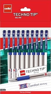 Cello Techno Tip 0.6 mm Ball Pen Card Pack Lightweight Body With Elasto Grip Blue Ink, Set of 10 Pcs x 5 Packs