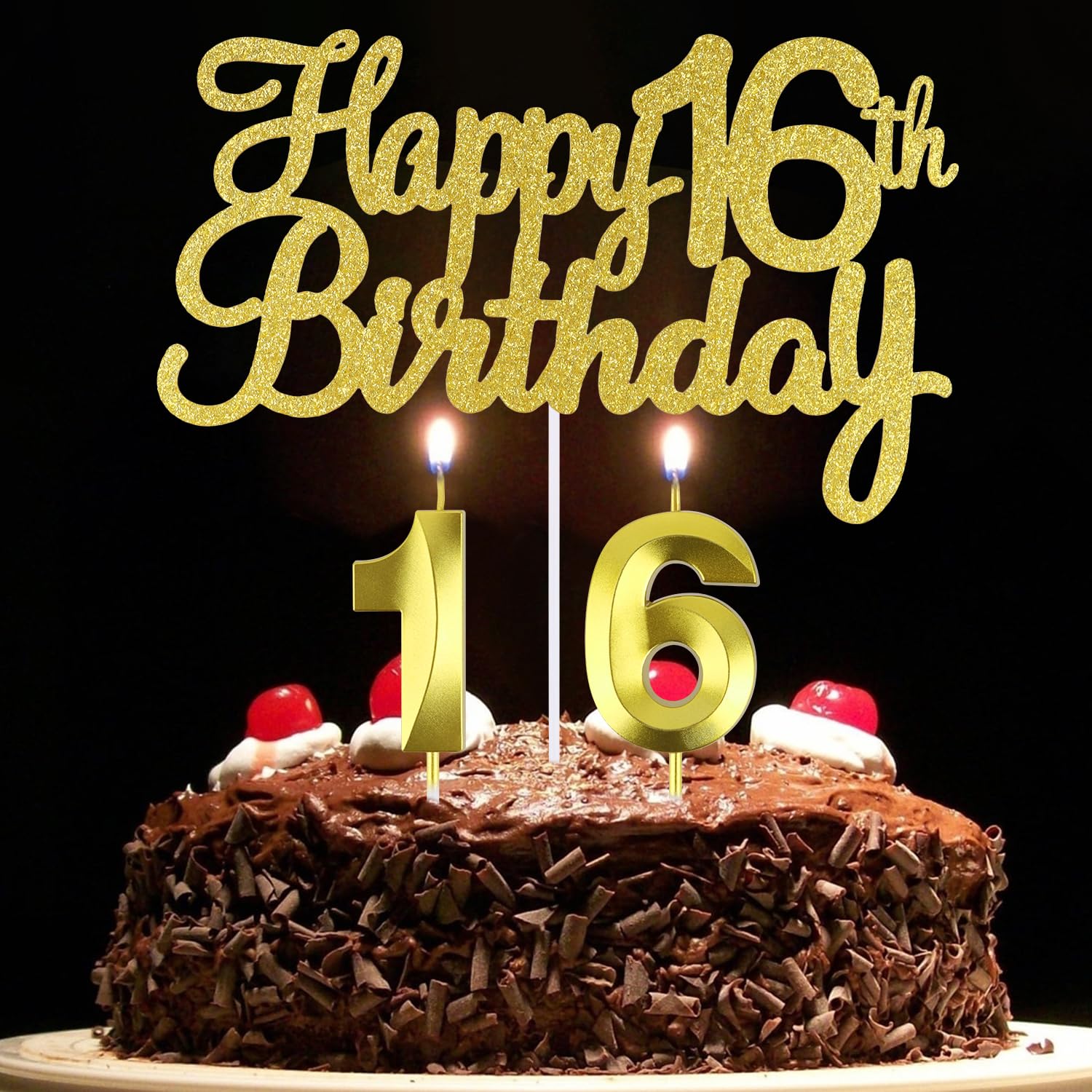 Happy 16th Birthday Cake Topper + 16th Birthday Candles, 16 Cake Topper Number 16 Candles for Birthdy Party Decorations, 16 th Birthday Cake Decorations for Boys and Girls (16)