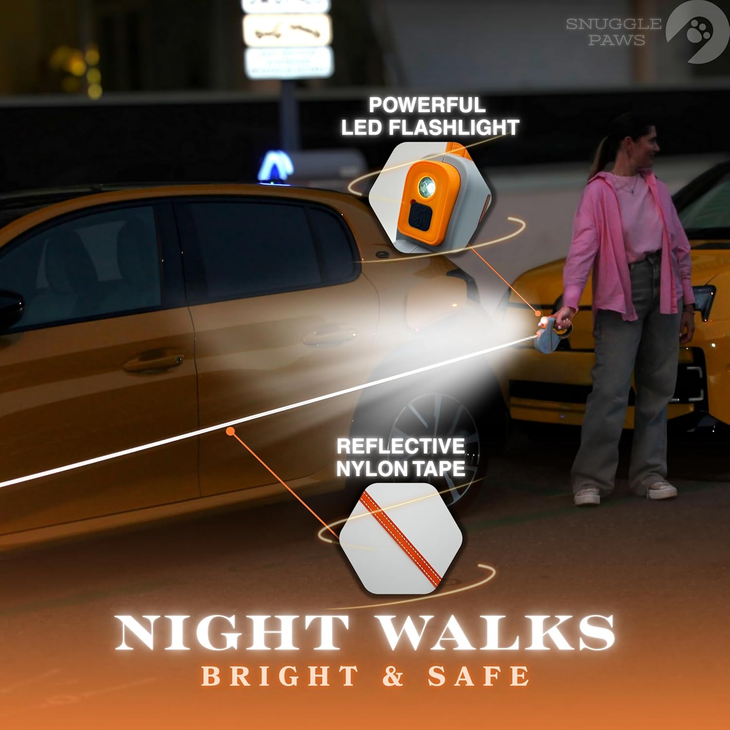 Snuggle Paws 格納式犬用リード 16フィート 高耐久 &ndash; LED懐中電灯付きオールインワンリーシュ、うんちバッグホルダー
