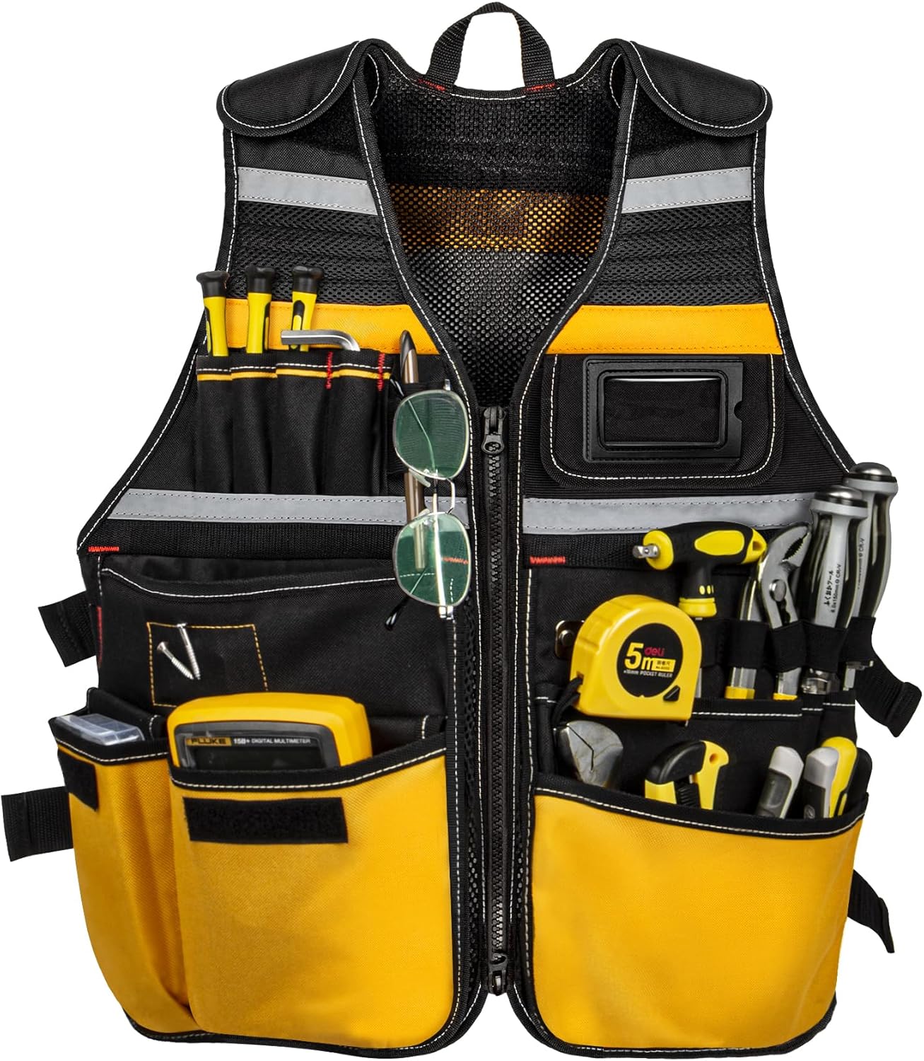Tool Vest, Electrician Tool Vest for Men, 22 Compartments, Reflective Workwear with Adjustable Waist & Upgraded Comfortable Neck Opening