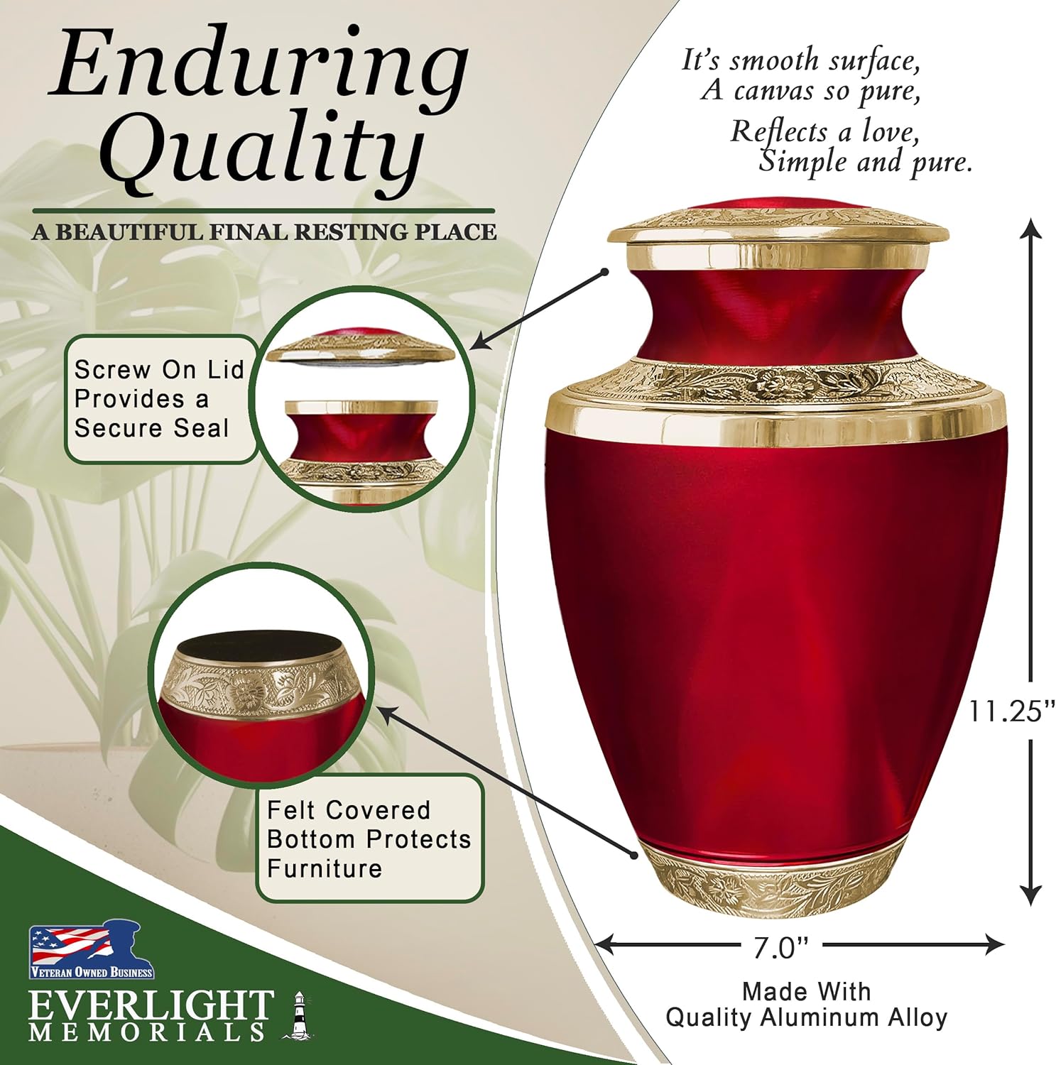 Classic Red Urn for Ashes Adult Male or Female – Large Cremation Urns for Human Ashes – Memorial Funeral Urn, Home Display, or Burial - Image 3