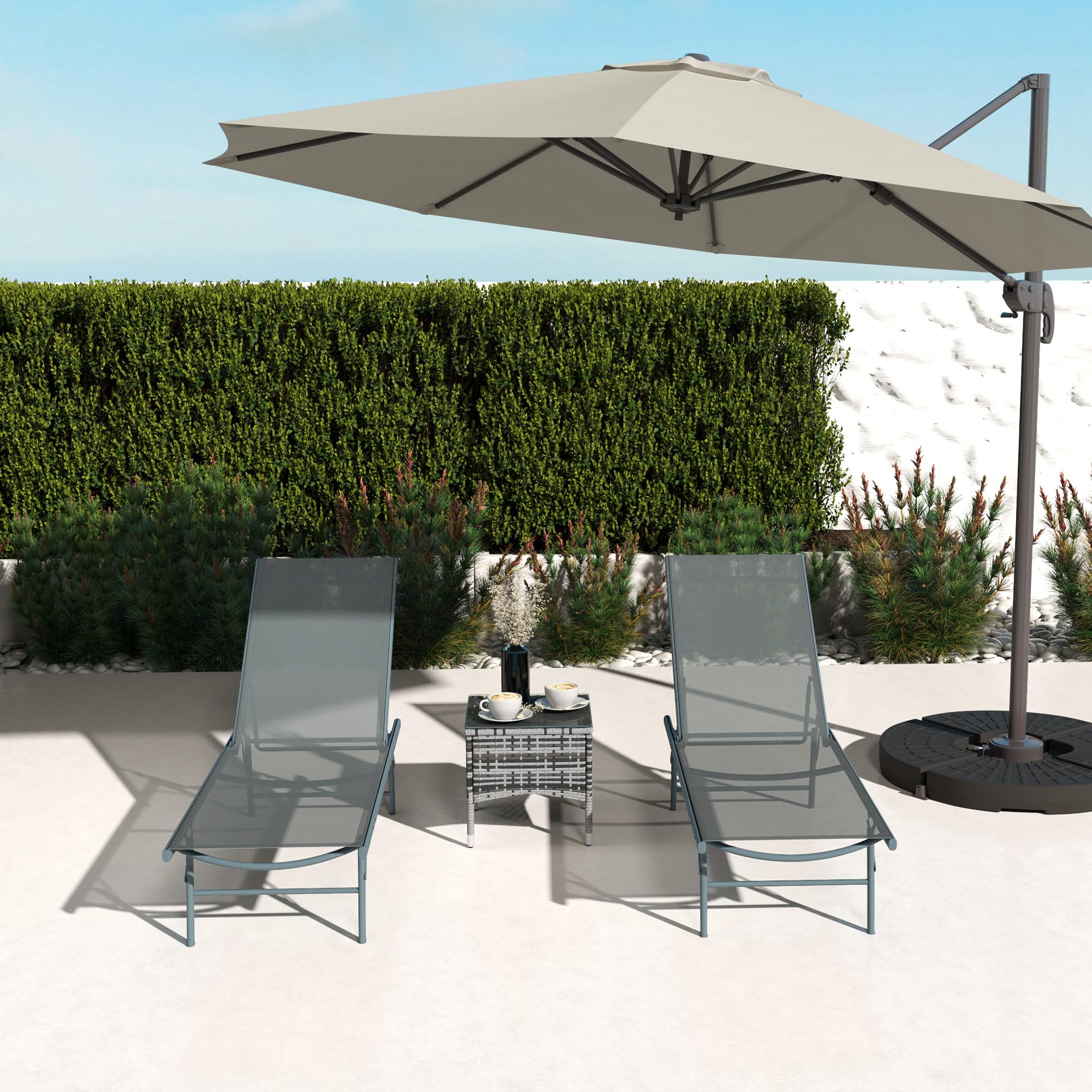 Outsunny Lot de 2 Bain de Soleil Pliants Textilène 90x65x112cm Gris Clair | Chaise Longue avec Appuie-Tête, Transat Jardin Extérieur Inclinable, Plage Camping Piscine Terrasse