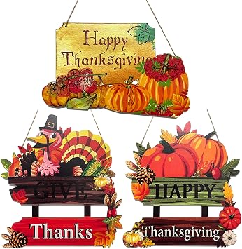 3 Pieces Thanksgiving Decoration Wooden Turkey Pumpkin Door Wreath for Front Door Sign Wall Signs Thanksgiving Pumpkin Front Door Hanger Turkey Wooden Door Decor for Thanksgiving Party Fall Harvest Home Decoration