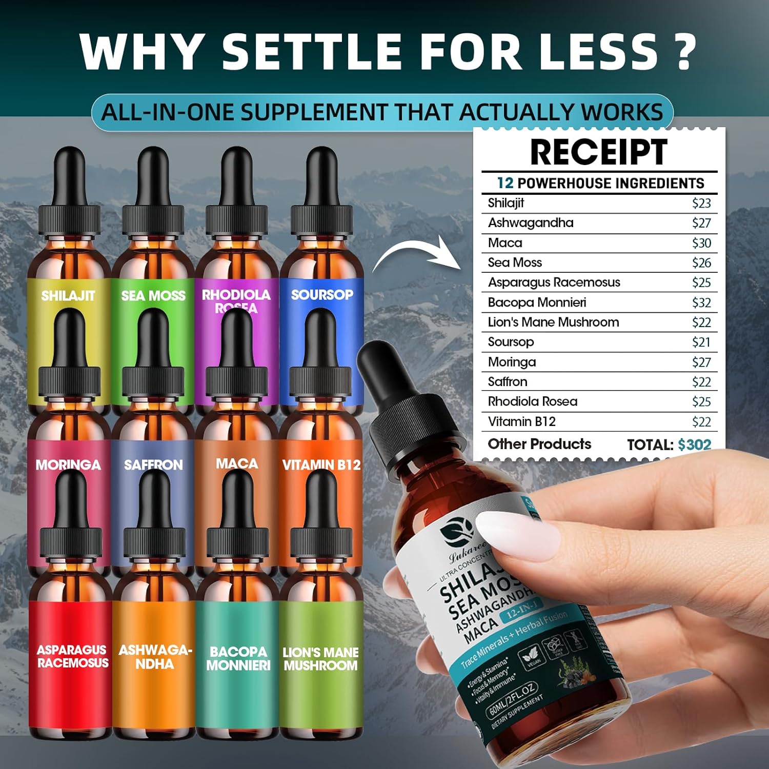 Shilajit Liquid Drops, 12-in-1 Complex - Sea Moss, Ashwagandha, Maca, Fulvic Acid, Trace Minerals, Liquid Vitamins Supplement for Men and Women, Energy, Antioxidant, Immune Support, 60ML/2 FL Oz - Image 5