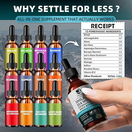 Miniatura 5 de Shilajit - Gotas líquidas, complejo 12 en 1, musgo marino, ashwagandha, maca, ácido fúlvico, minerales traza, suplemento de vitaminas líquidas para