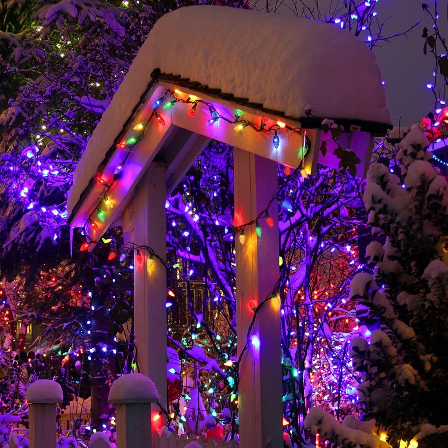 KAQ 2PK 100LED Multicolor C9 Christmas Lights Waterproof Indoor Outdoor, Extendable 98FT String Lights Plug in with 13 Lighting Modes, Christmas Decorations for Party Patio, Xmas Outside Yard Decor