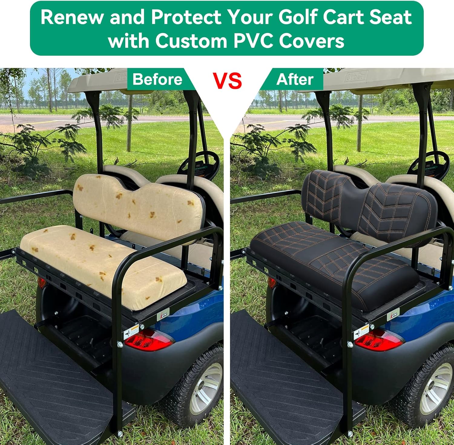 iLSKW Golf Cart Seat Cover PVC Thinck Leathur Rear Seat with Arrow Shape, No Stapler Required for Golf Cart Clubcar Ezgo Yamaha Seat Cover with Brown Stitching