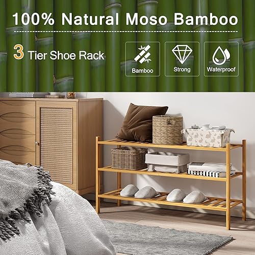 Miniatura 38 de Zapatero de bambú de 2 niveles para entrada, apilable, resistente, multifuncional, zapatero independiente para dormitorio, pasillo, armario Natural