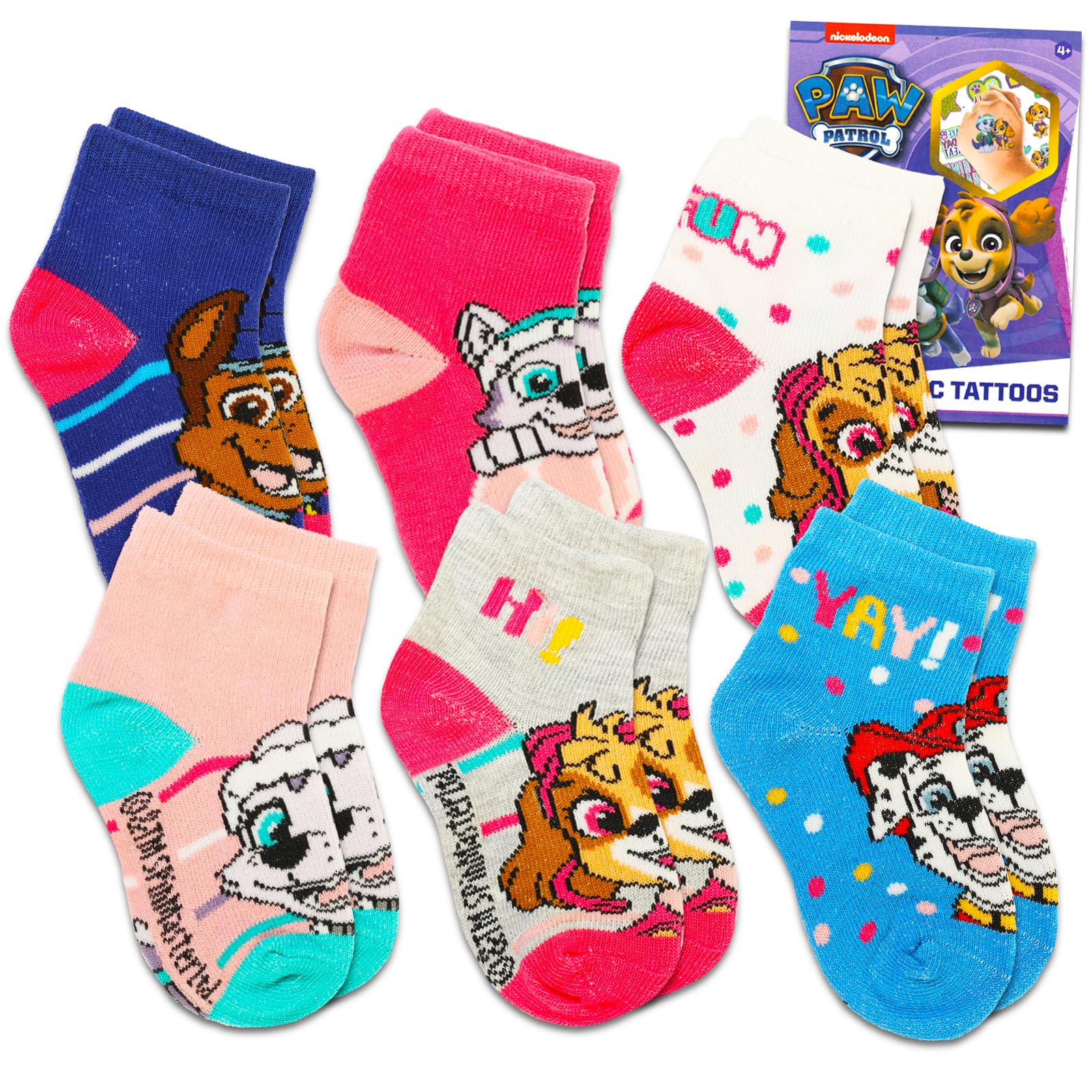 Paw PatrolSocks for Girls - Bundle with 6 Pairs of Paw Patrol Socks Size 7-10 Plus Tattoos for Kids Ages 4-6 | Paw Patrol Gift Set