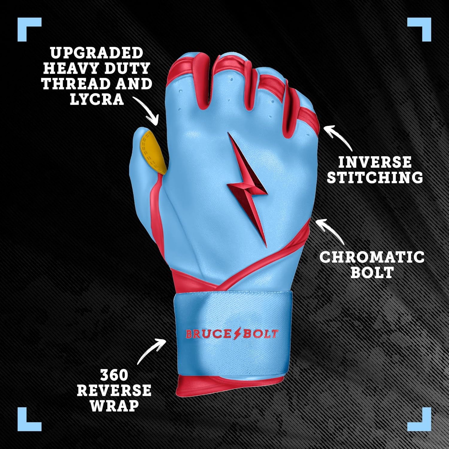 BRUCE BOLT Signature Series Long Cuff Batting Gloves - Harrison Bader Edition - Bader Baby Blue Small