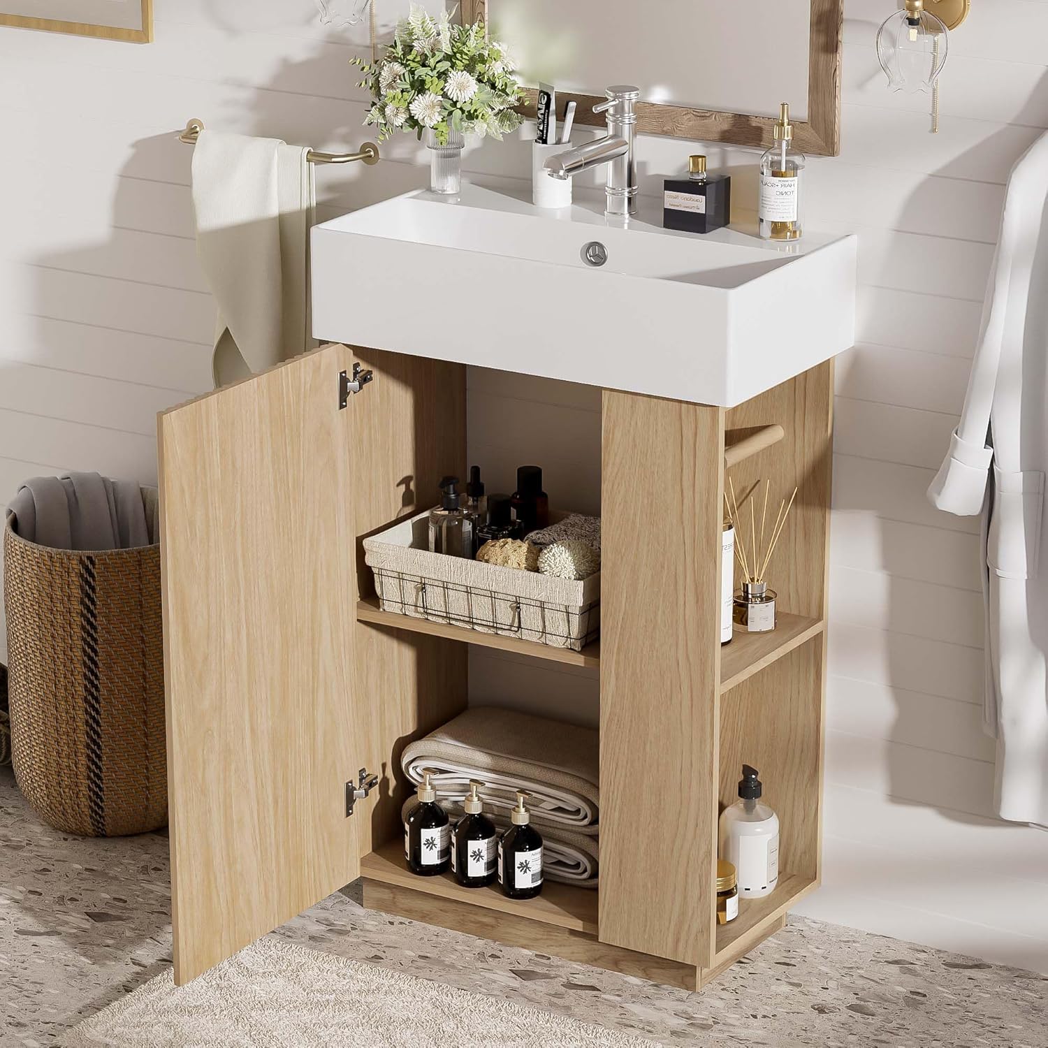 Merax Bathroom Vanity, Undermount Sinks Vanity with Side Storage, Floor Standing Bathroom Storage Cabinet Combo Set, Small Bathroom Sink Vanity, Oak